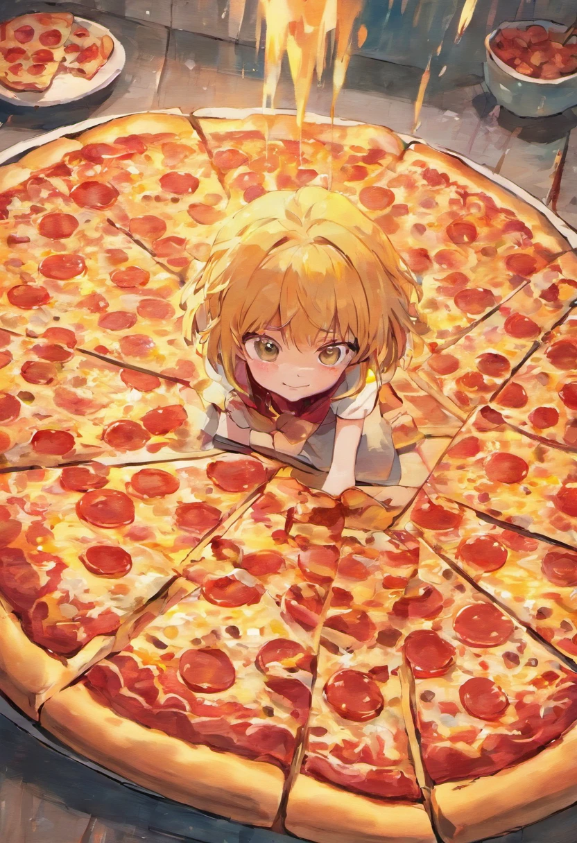 Pintura de un,Acuarelas,dibujar, Rebanada de pizza de tocino con queso derretido, fondo colores vivos
