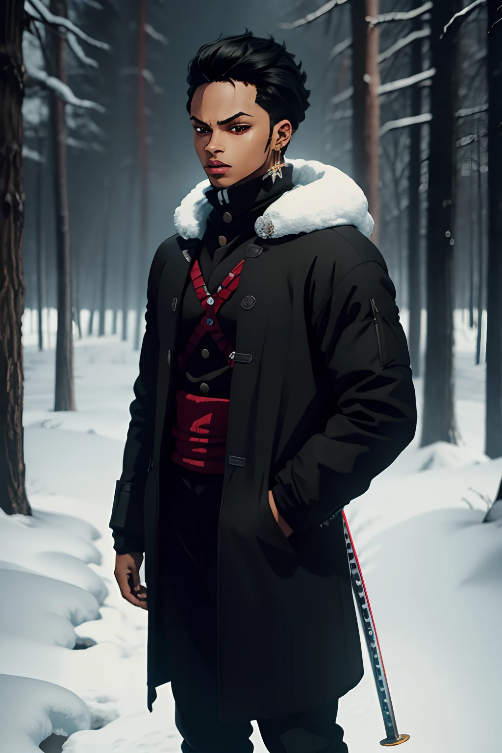 black young man, winter, winter clothes, zoro hairstyle, black hair, red sword, negro