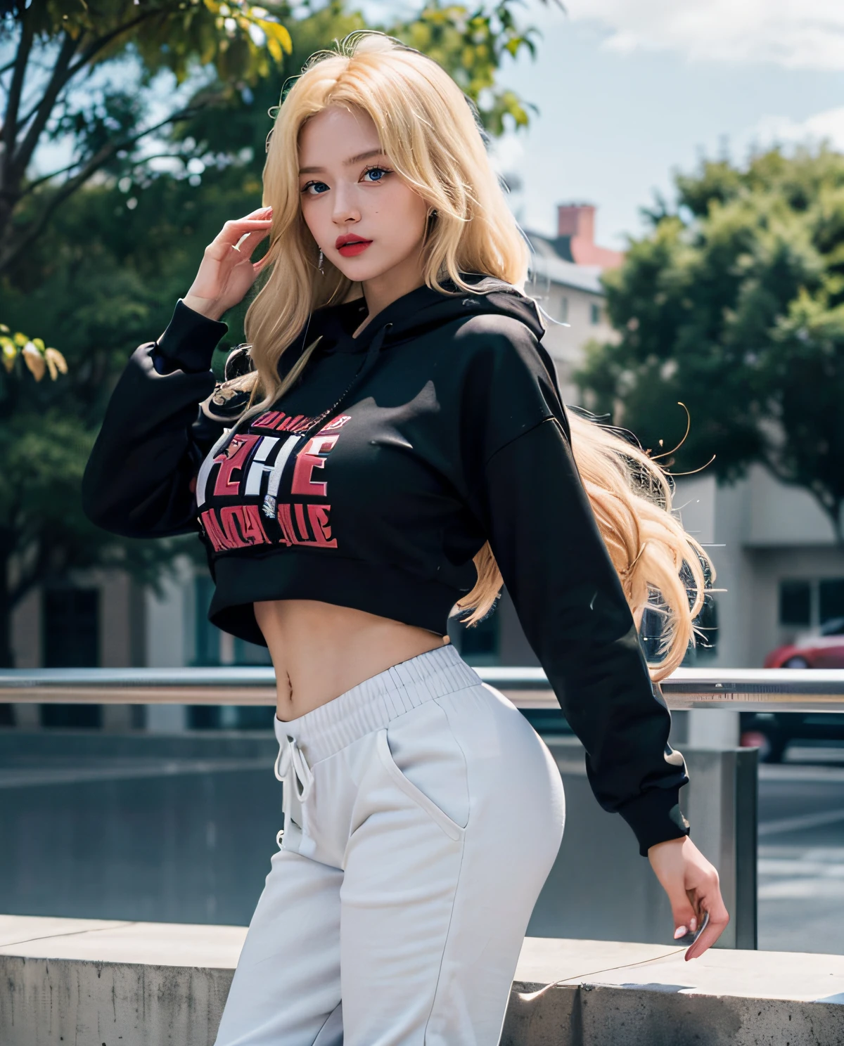 1girl, (Blue eyes), happy face, (Sana Minatozaki), wide hips, Big Boobs, big ass, (Best Quality, 8k, Masterpiece: 1.3), Clear Focus: 1.2, Perfect Body Beauty: 1.4, Slender Abs: 1.2, Highly detailed face and skin texture, detailed eyes, double eyelids, red lips, red lips, (blonde long hair), (black hoodie), (white jogging :1.3), (sneakers), standing, dynamic pose, on a skate park