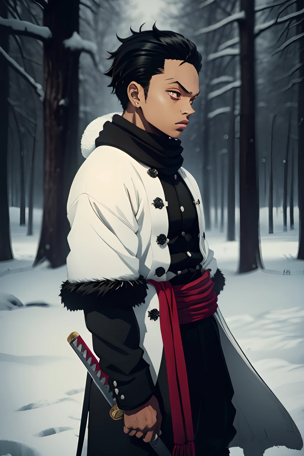 black young man, winter, winter clothes, zoro hairstyle, black hair, red sword, negro