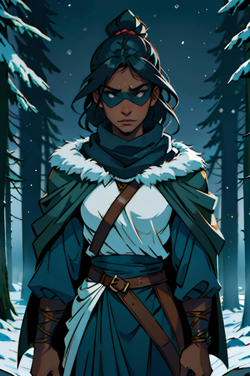 A dark skinned woman with a blindfold, holding up two daggers in front of her face, mood is rancorous stress, stealth, obfuscation, ambiguity, background is winter pine forest, dark eerie light, character design.