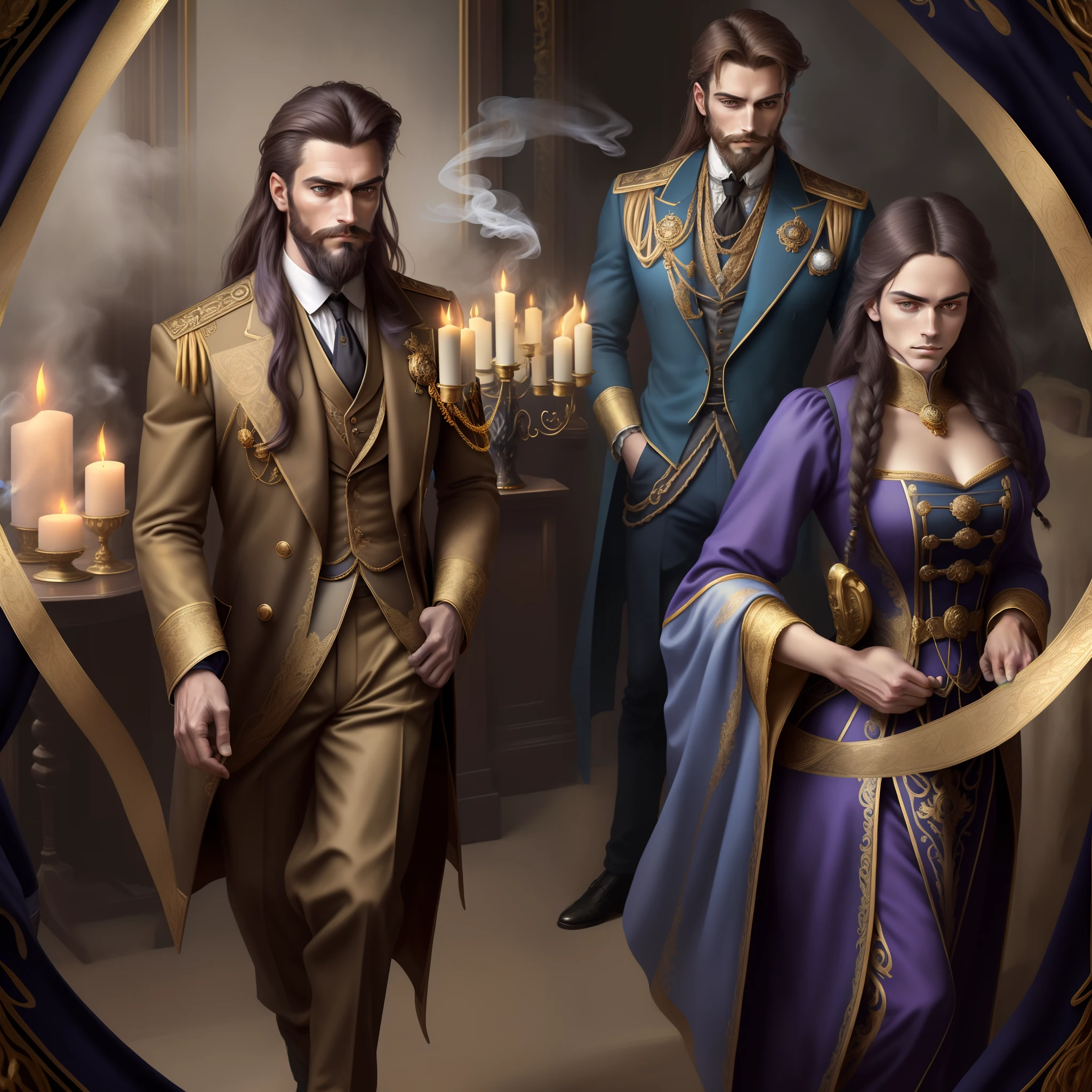(best quality,4k,highres,masterpiece:1.2),ultra-detailed,realistic:1.37,vivid colors,lush,bright handsome guy,intricate facial features,well-groomed, strong jawline, piercing eyes, neatly trimmed beard,long flowing hair,sophisticated demeanor,charming smile Victorian era naval costume,ornate golden buttons and epaulettes,decorative braiding,naval captain's hat,blue and gold color scheme,rich velvet fabric majestic stance,proud and confident,chest out,one hand on hip,classy posture,tall and well-built physique taro card format,round tarot card,elaborate artwork with mystical symbolism,rich gold and purple hues,aged edges,ornate border,artistically drawn figures and symbols mysterious atmosphere,smoke wafting around,charming antique room as background,ornate furniture and draperies,soft candlelight,old tarot cards scattered around captivating aura,contemplative expression,alluring gaze,intense energy,aura of magic and destiny,resolute determination