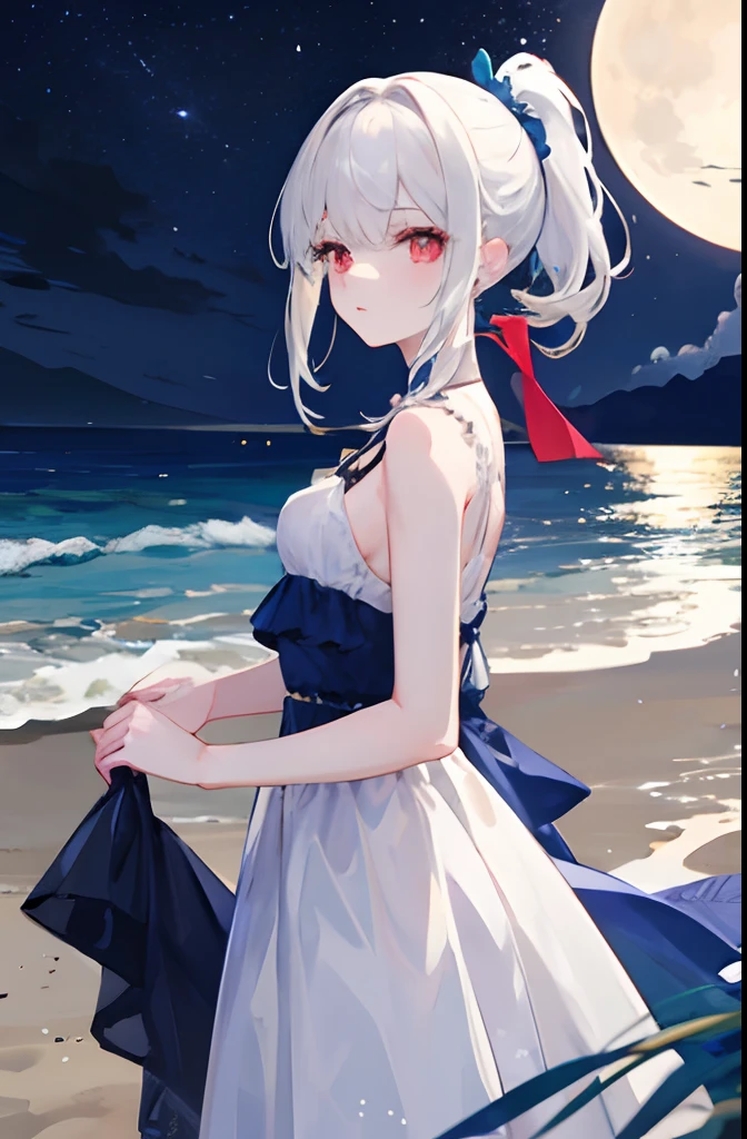 1girl, adult girl, ponytail hair,White hair,hair accessories,red eyes,white and dark blue beautiful dress, moon dress accessories, beach, sea moonset, full moon, night, dynamic light