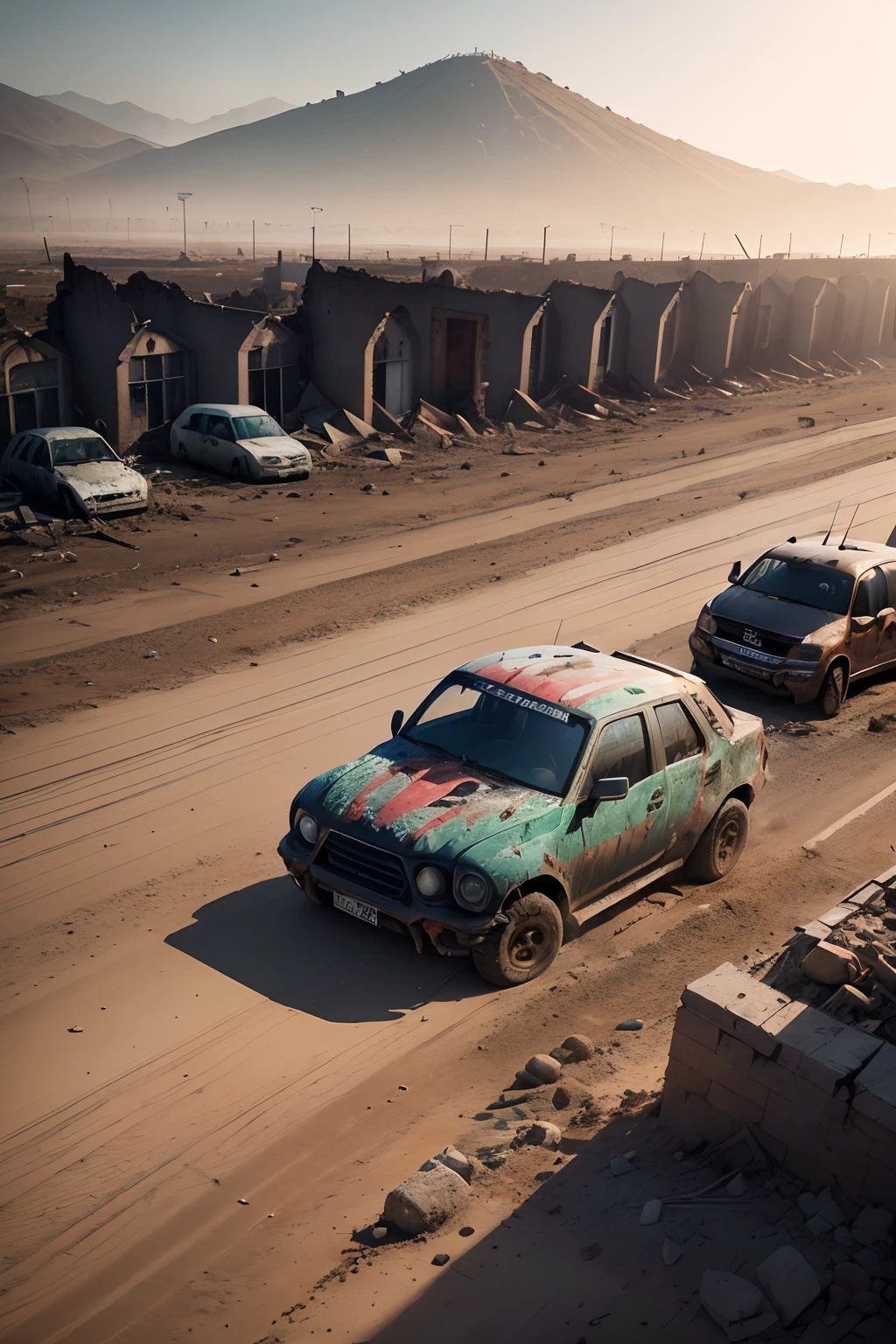 "(((Chaotic scenario))), (((apocalipse zumbi))), ((Desolate landscape with debris))), ((burning buildings and ruins))), (((zumbis famintos))), (((caos total))), ((sobreviventes lutando pela vida))), (((little hope))), (((Unimaginable horror))), ((carros de corrida abandonados com vidros quebrados e ferrugem))), ((deteriorated buildings covered in dirt))), (((adrenalina pulsante)))."