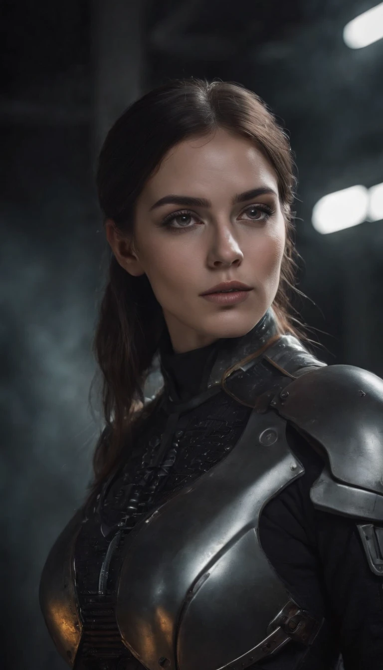 beautiful female cyborg warrior in RustMagic style, Rise of cyberpunk, Cyberlogiciels, Cyborg, Fibre de carbone, Cromar, Implants, Metal skull, Cybernetic Plate Armor, (dark atmosphere:1.2), (brouillard & smoke), (It's dark night:1.3), Cicatrisation, (shaggy dark hair mid-length:1.1), (Ombre:1.1), (Beautifully detailed brightness:1.2), (lighting cinematic), Talhistes complexes, high resolucion, yeux arrondis, Detailed facial features, mise au point nette, lisse, aesthetics, Detailed dark background of the industrial plant, elegant pose, dynamisme, (DramaPaint)