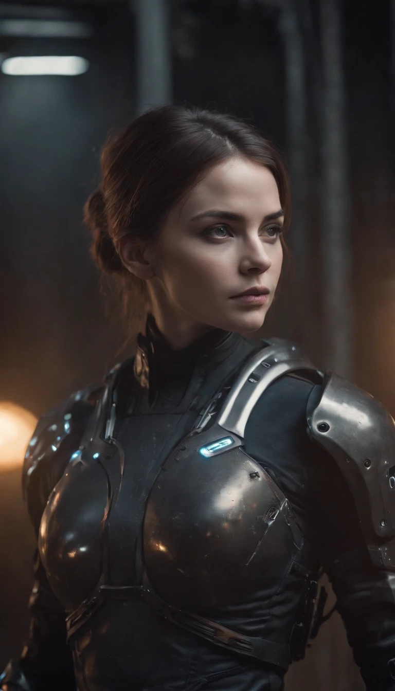 beautiful female cyborg warrior in RustMagic style, Rise of cyberpunk, Cyberlogiciels, Cyborg, Fibre de carbone, Cromar, Implants, Metal skull, Cybernetic Plate Armor, (dark atmosphere:1.2), (brouillard & smoke), (It's dark night:1.3), Cicatrisation, (shaggy dark hair mid-length:1.1), (Ombre:1.1), (Beautifully detailed brightness:1.2), (lighting cinematic), Talhistes complexes, high resolucion, yeux arrondis, Detailed facial features, mise au point nette, lisse, aesthetics, Detailed dark background of the industrial plant, elegant pose, dynamisme, (DramaPaint)