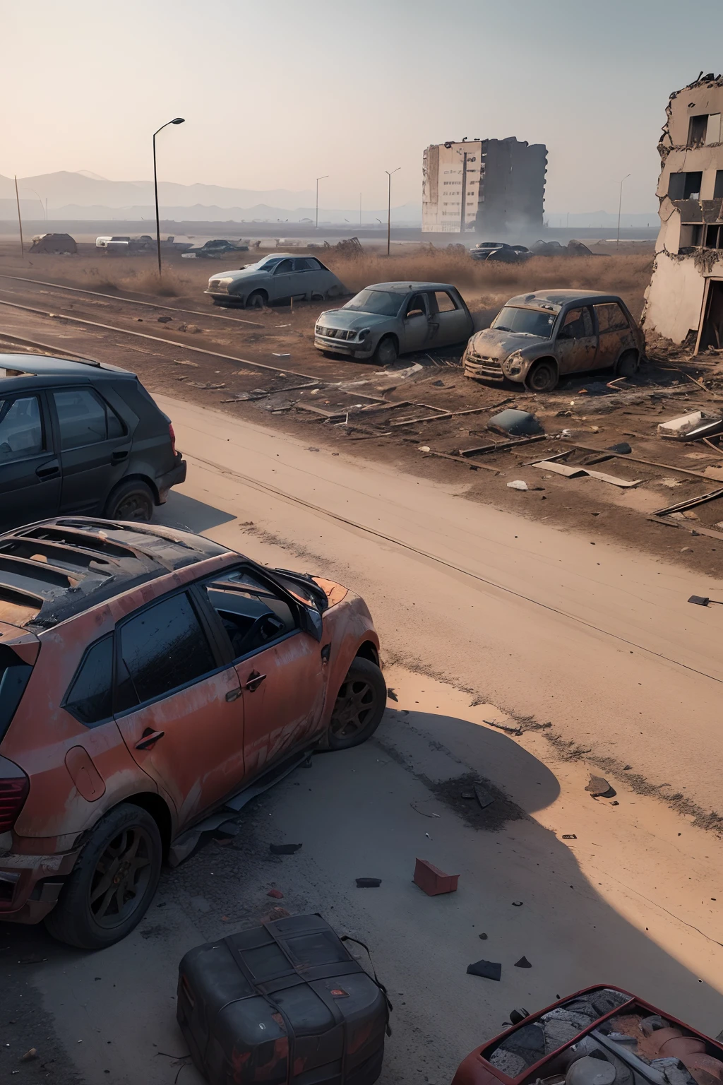 (((Chaotic scenario))), (((apocalipse zumbi))), ((Desolate landscape with debris))), ((burning buildings and ruins))), (((zumbis famintos))), (((caos total))), ((sobreviventes lutando pela vida))), (((little hope))), (((Unimaginable horror))), ((carros abandonados com vidros quebrados e ferrugem))), ((deteriorated buildings covered in dirt))), (((adrenalina pulsante))
