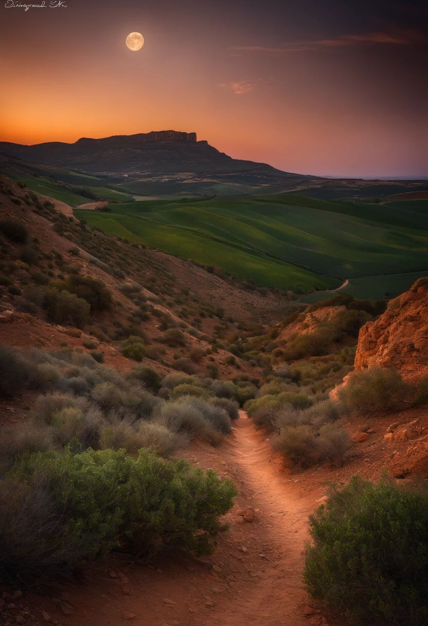 (siniestro:1.1) media luna, paisaje de Andalucia, (Detalles intrincados), (Ultra - detallado), HDR 8K, Alto detalle, Muchos detalles, alta calidad,Efecto Dingdall (coloreado:1.3)