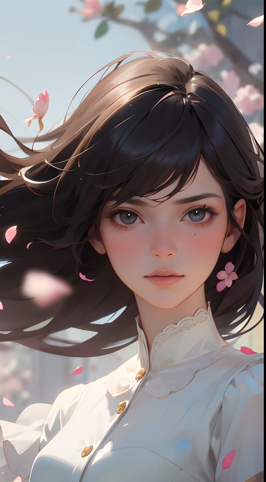 (Best quality, Masterpiece, ultra-realistic), 1 beautiful and delicate portrait of a girl, Ludique et mignon, with floating petals in the background
