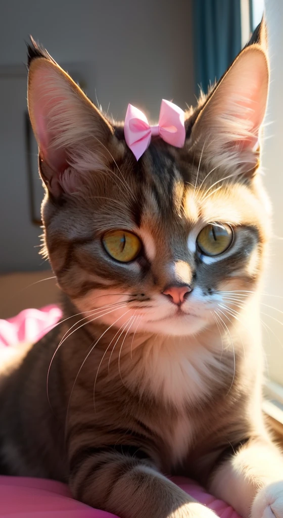 (best quality,ultra-detalhado),gato branco peludo bonito,Deitado na cama,pink bow on head,vivid colors,soft lighting,fotorrealista,studio lighting,Bokeh,Cama de gato,ambiente relaxante,natural lighting,lovely expression,Pelo Fofo,peaceful atmosphere,feliz e contente,warm and welcoming feeling,Crisp and clear details,sombras sutis,paleta de cores quentes,pose cativante,Dream and comfortable environment,Ambiente sereno e aconchegante,delicate features,strong contrast between the cat's skin and the pink bow,realistic composition