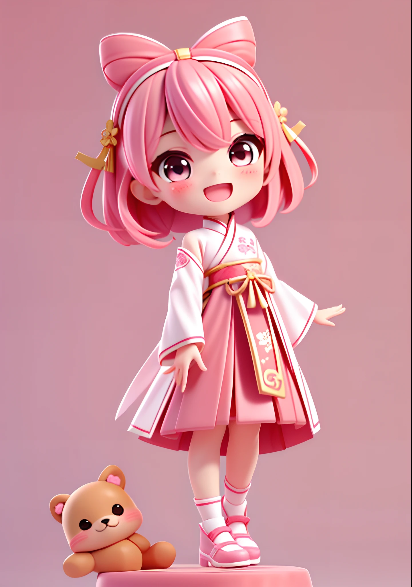 1girll,adolable,Happy face,(short detailed hair:1.2),Long hair,独奏,tchibi,Pink hair accessories,.tchibi,Chinese style Hanfu,pinkskirt
