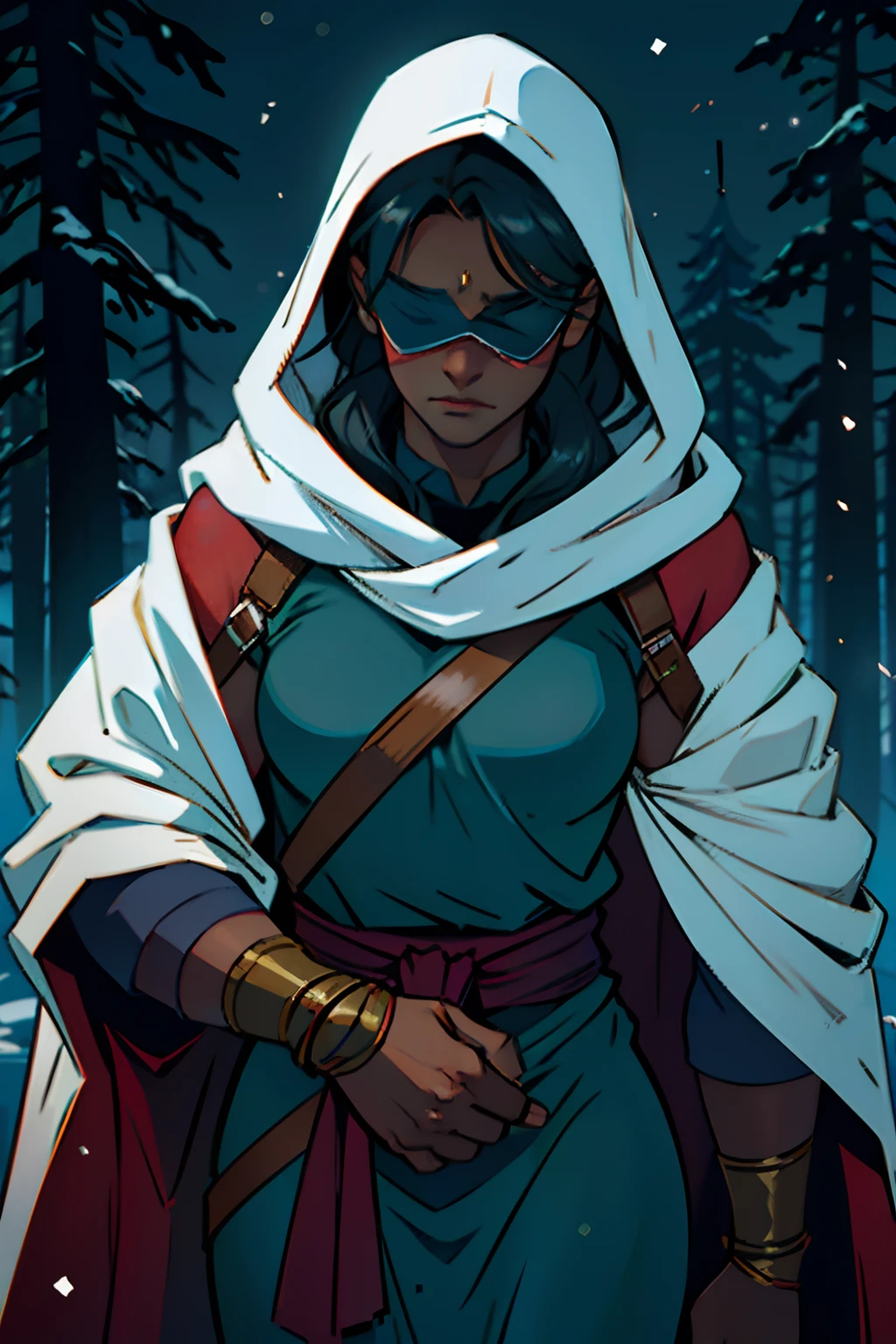 A dark skinned woman wearing a blindfold covering her eyes, holding up two daggers in front of her face, mood is rancorous stress, stealth, obfuscation, ambiguity, background is winter pine forest, dark eerie light, character design.