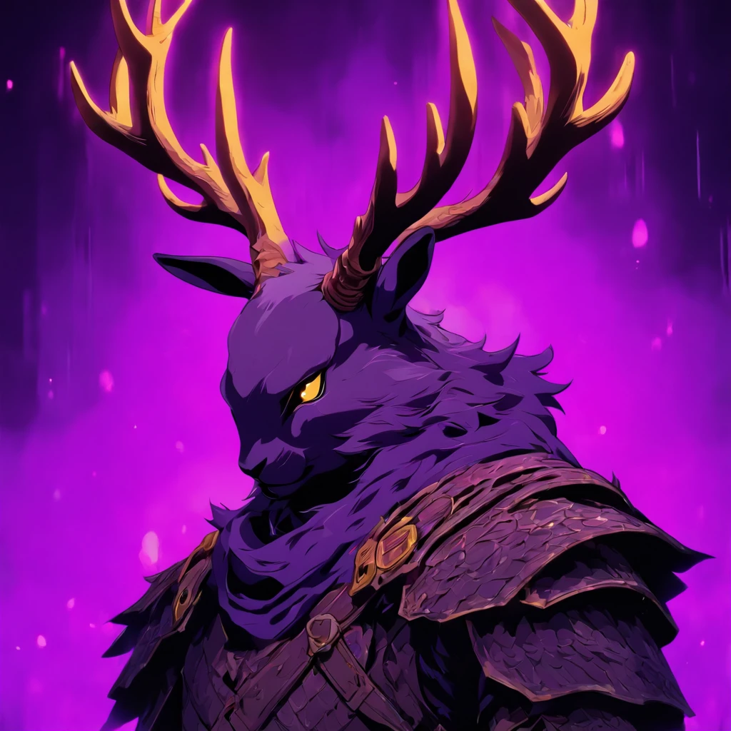 Knight Jackalope, short purple hair, jackalope antlers, dark armor(masterpiece, best quality)