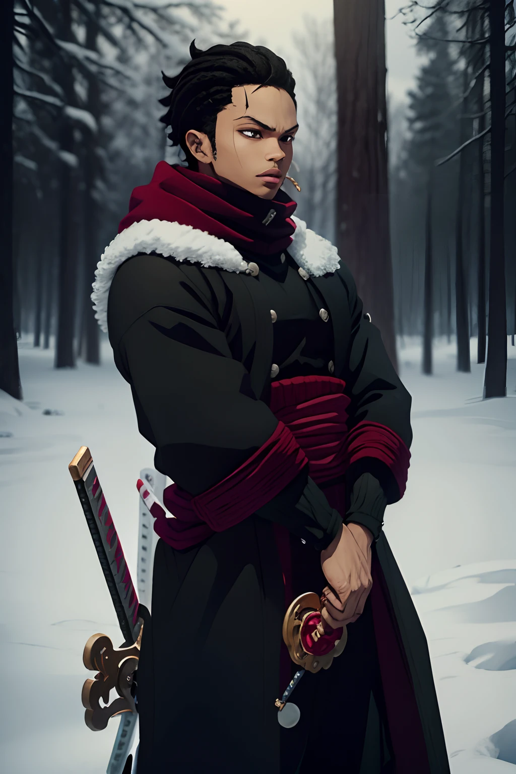 black young man, winter, winter clothes, zoro hairstyle, black hair, red sword, negro