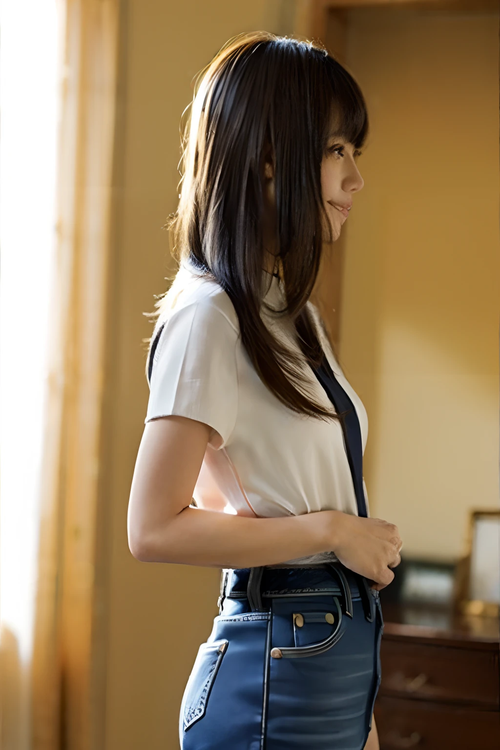 (8k、RAW Photography、top-quality、masterpiece:1.2)、(realisitic、Photorealsitic:1.37)、ultra-detailliert、超A high resolution、1人、beautifull detailed face、a smile、Constriction、(slim waist) :1.3)、The shirt、Beautiful detailed skin、Skin texture、floated hair、profetional lighting、Round forehead、profile、full bodyesbian、skinny legs