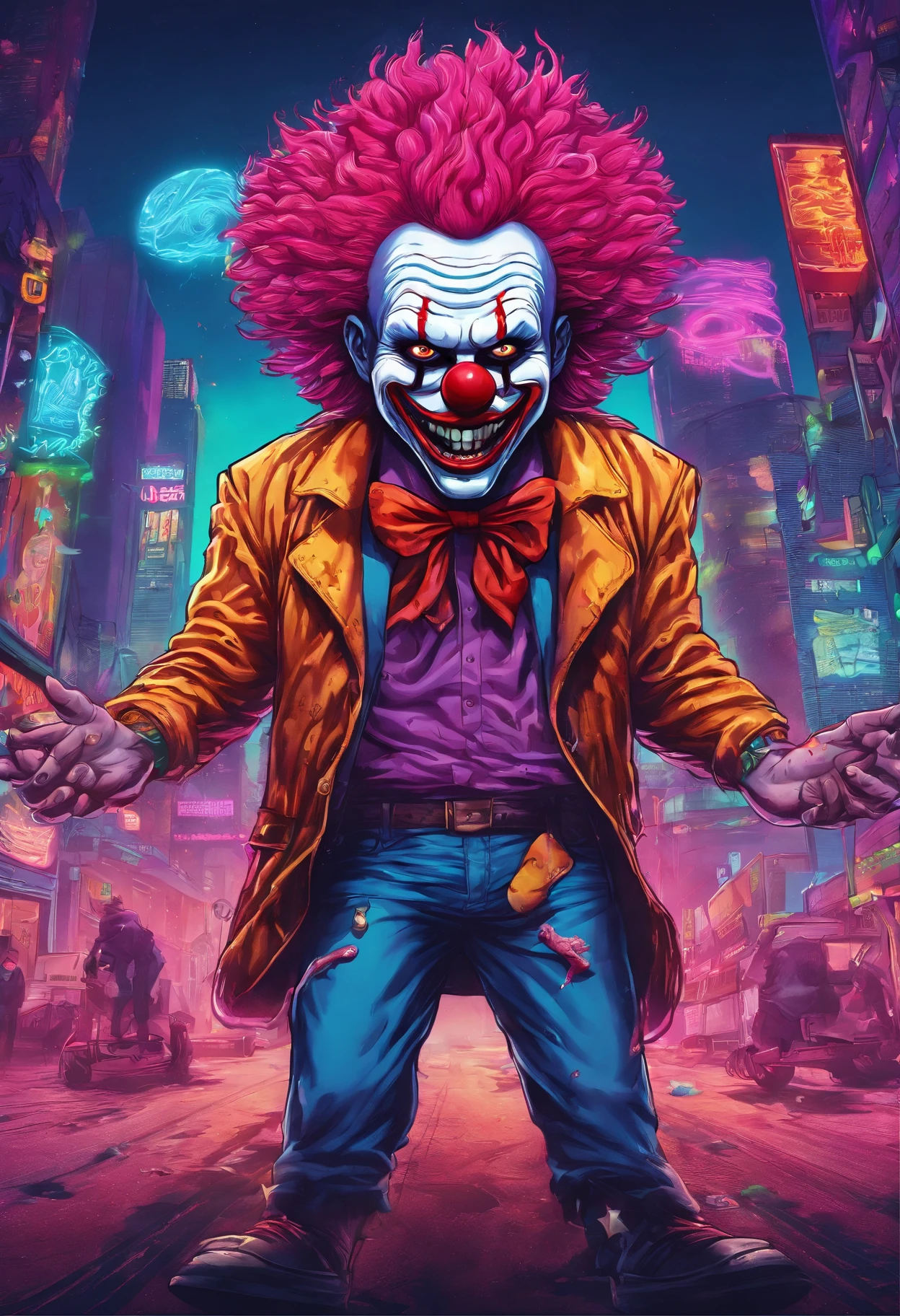 criminal clown, hypnotic illustration, cartoon style city background, hypnotic psychedelic art by Dan Mumford, pop surrealism, neon paint , mystical, 4k, realistic, high definition, vivid color, 3D, centered , digital art