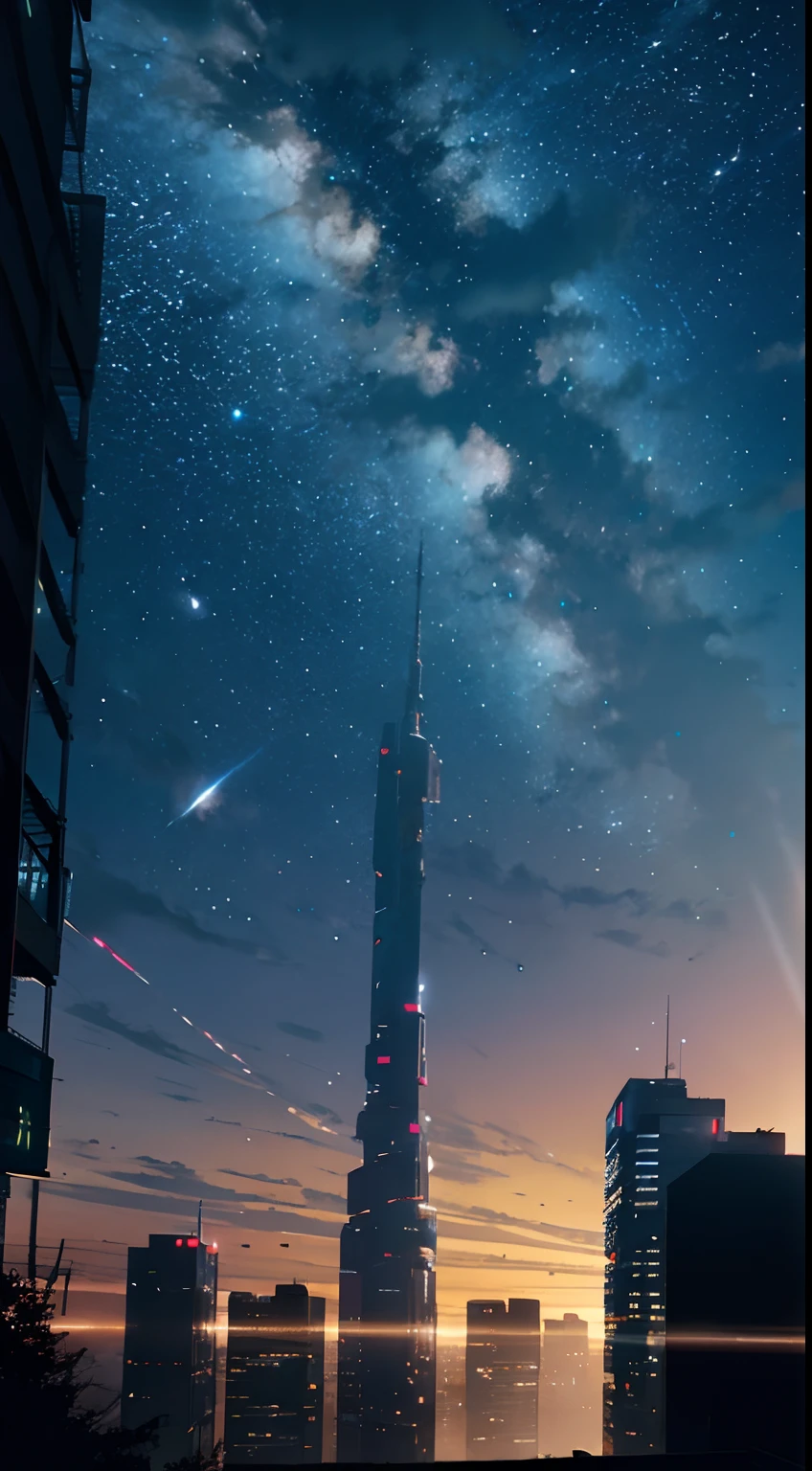 Octane, ciel, star (ciel), paysage, starry night sky, Nuit, 1fille, Ciel nocturne, seulement, dehors, building, nuage, milky way, assis, arbre, cheveux longs, ville, silhouette, Cityscape, cinematic, ULTRAHD, quality