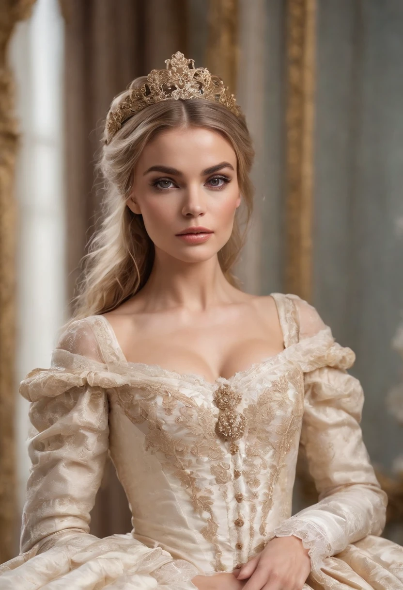 full body, godess, face of carmen electra, woman around 26 years old, blonde, distinctive brown eyes, slender and graceful, beautiful, ultra sharp focus, realistic shot, rococo queen, white royal dress, in victorian aristocrat, intricate victorian dress, dress in the style of rococo, rococo style portrait, rococo dress, beautiful female princess, historical baroque dress, aristocratic clothing, ivory rococo, beautiful fantasy maiden, victorian dress, rococo fashion