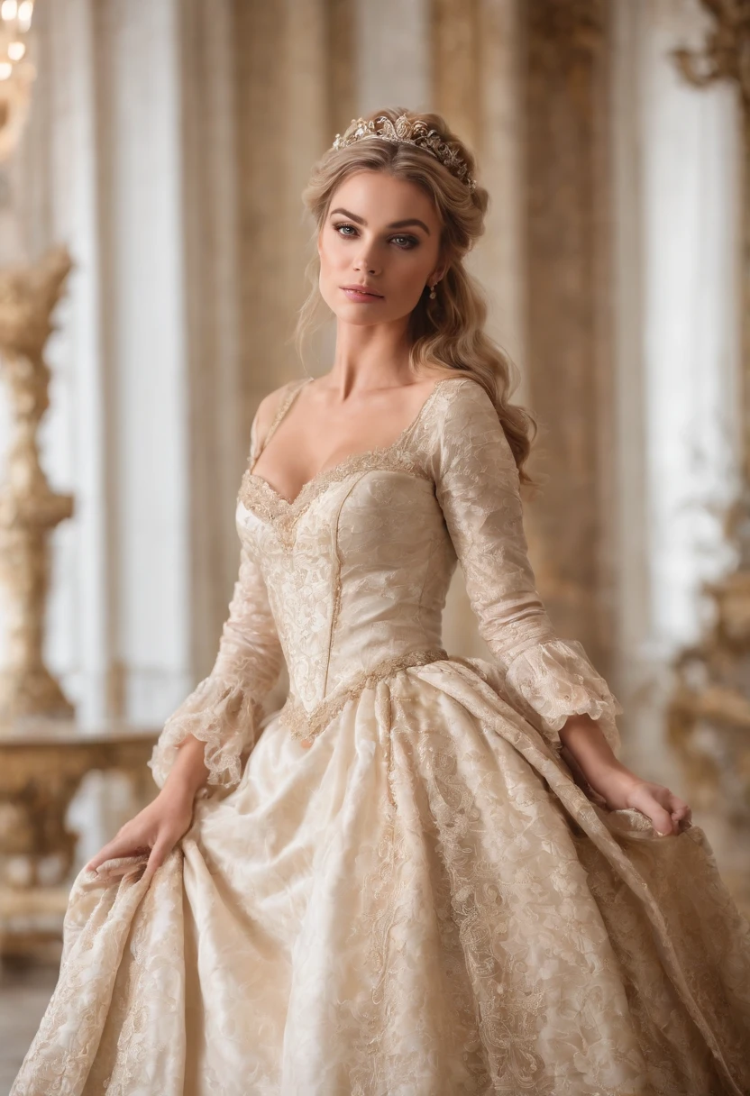 full body, godess, face of carmen electra, woman around 26 years old, blonde, distinctive brown eyes, slender and graceful, beautiful, ultra sharp focus, realistic shot, rococo queen, white royal dress, in victorian aristocrat, intricate victorian dress, dress in the style of rococo, rococo style portrait, rococo dress, beautiful female princess, historical baroque dress, aristocratic clothing, ivory rococo, beautiful fantasy maiden, victorian dress, rococo fashion