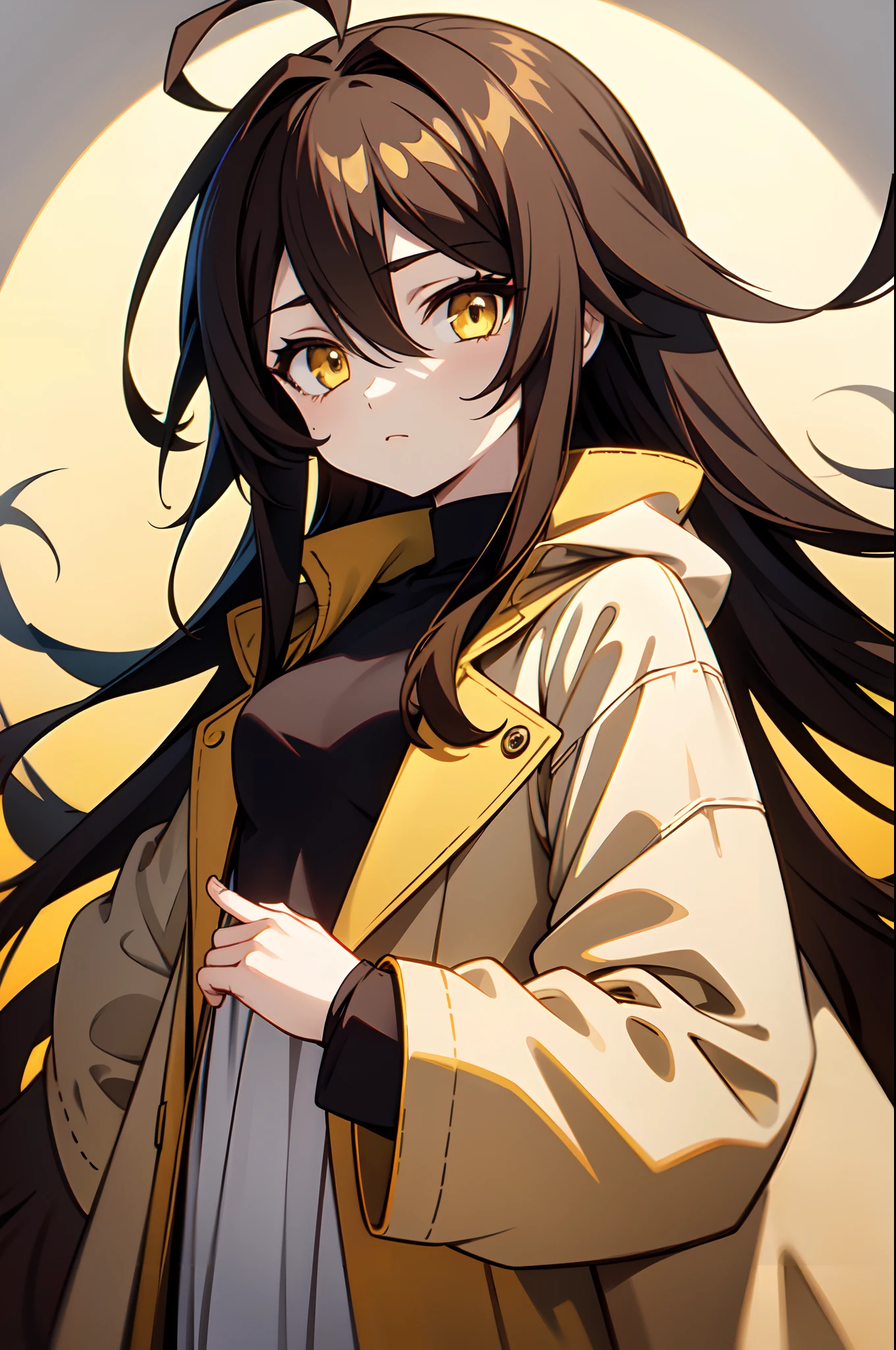 1girl, , solo, absurdly long hair, big hair, ahoge, hair bangs, hair between eyes, spiked hair, messy hair, (black hair, yellow hair, gradient hair:1.2), neutral, inexpressive, (small breasts, loli:1.2), yellow eyes, wearing just a simple coat, closed coat, (((brown coat))), arms behind back, robot hands, robot arms, pale skin, looking at viewer, standing, (upper body, face only), masterpiece, best quality, 4k
