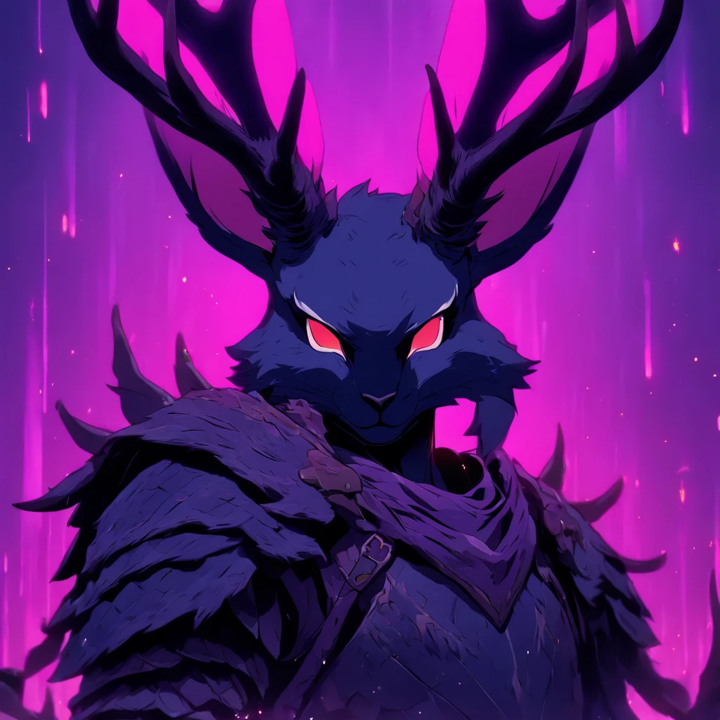 Knight Jackalope, short purple hair, jackalope antlers, dark armor(masterpiece, best quality)