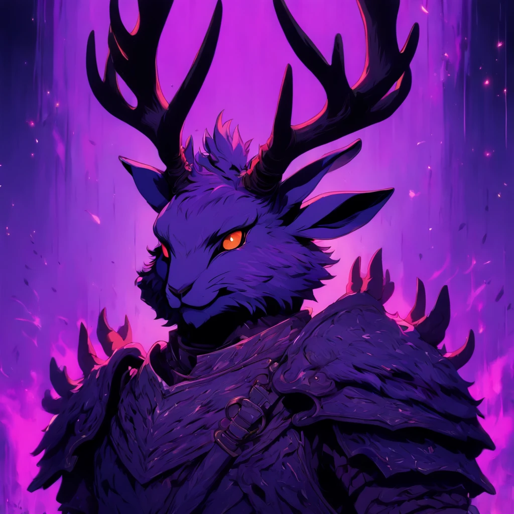 Knight Jackalope, short purple hair, jackalope antlers, dark armor(masterpiece, best quality)