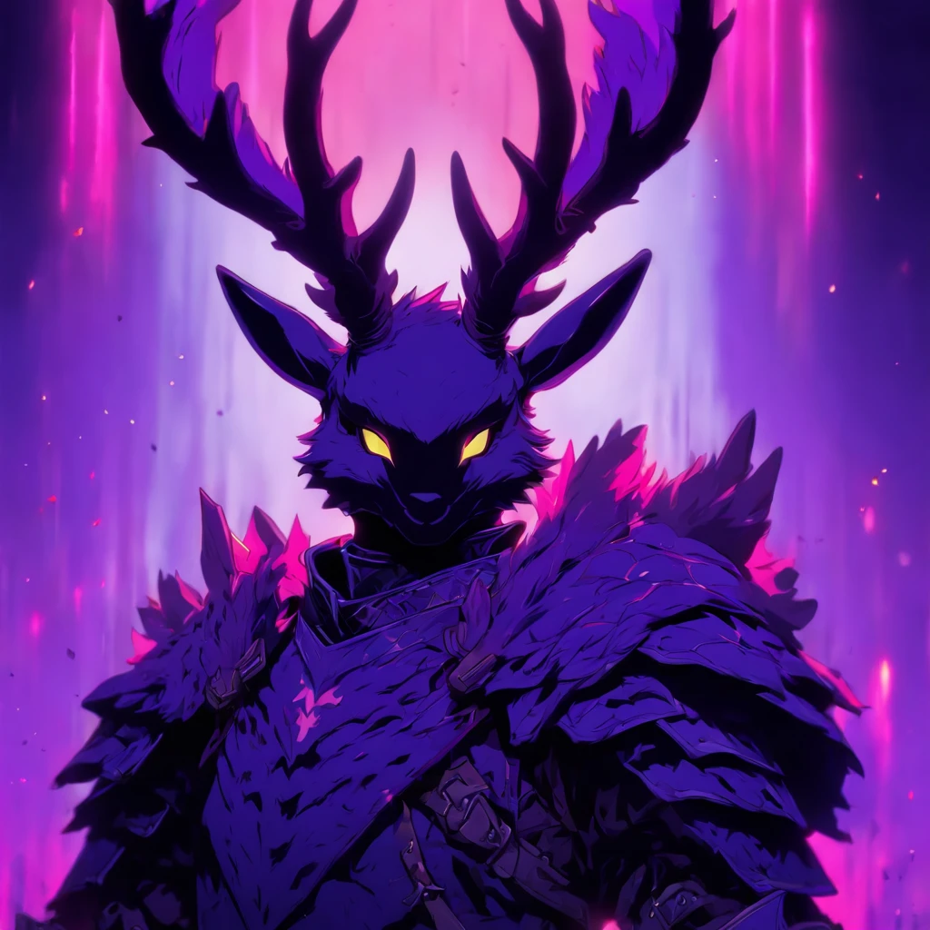 Knight Jackalope, short purple hair, jackalope antlers, dark armor(masterpiece, best quality)