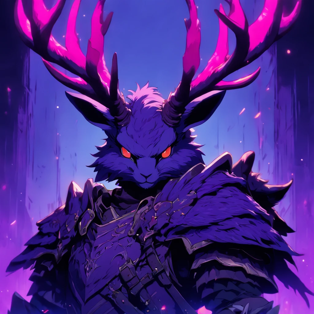 Knight Jackalope, short purple hair, jackalope antlers, dark armor(masterpiece, best quality)