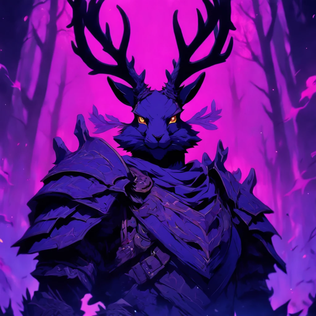 Knight Jackalope, short purple hair, jackalope antlers, dark armor(masterpiece, best quality)