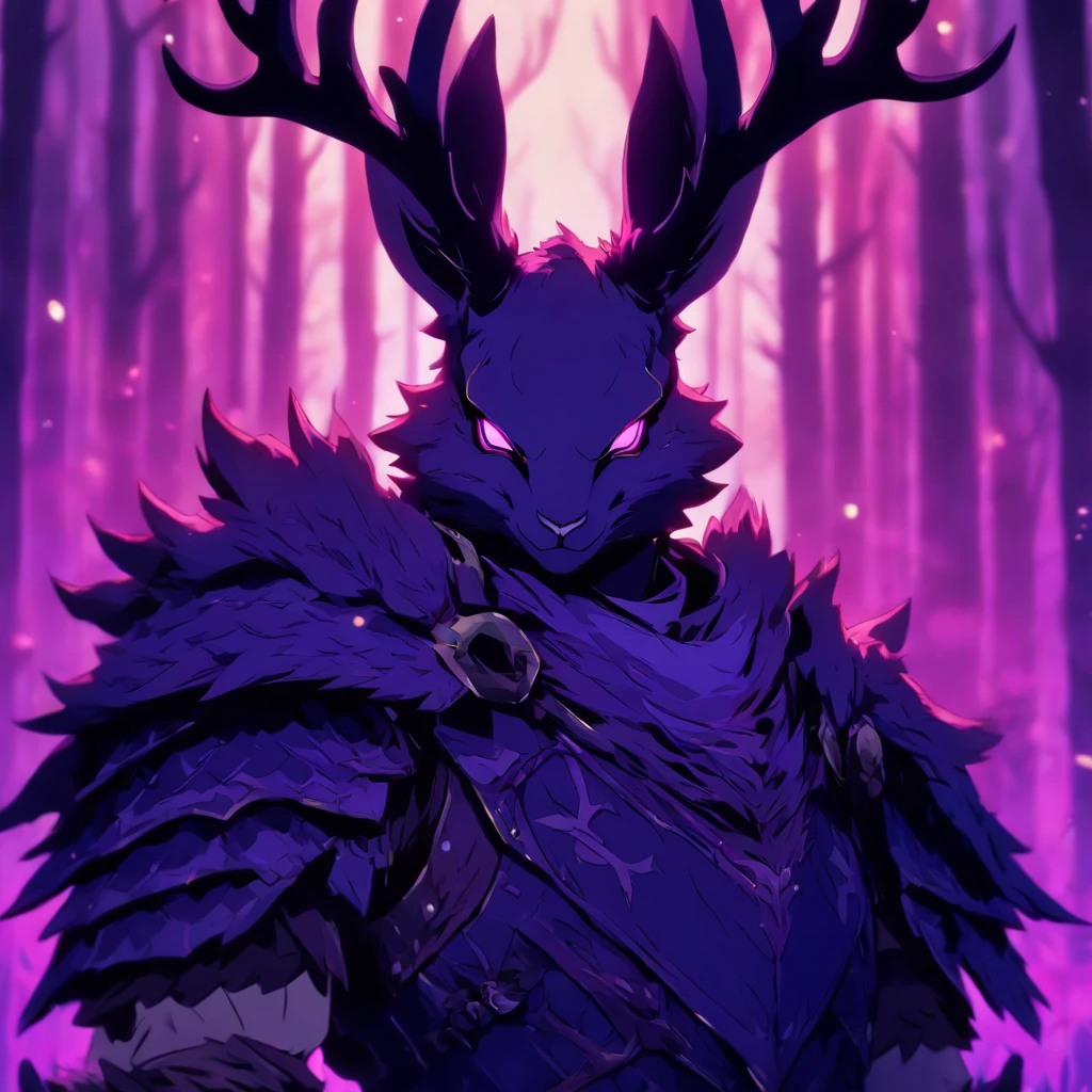 Knight Jackalope, short purple hair, jackalope antlers, dark armor(masterpiece, best quality)