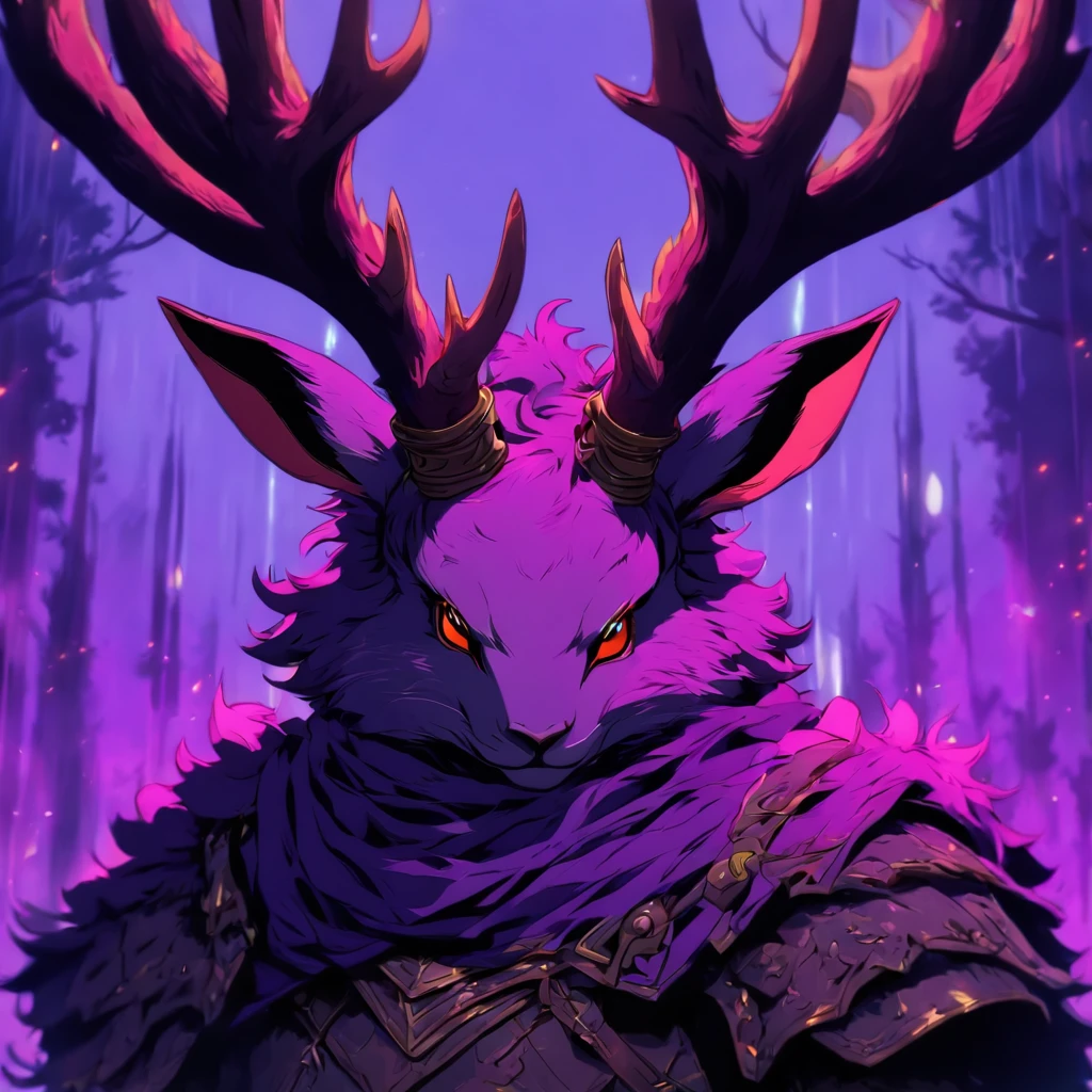 Knight Jackalope, short purple hair, jackalope antlers, dark armor(masterpiece, best quality)