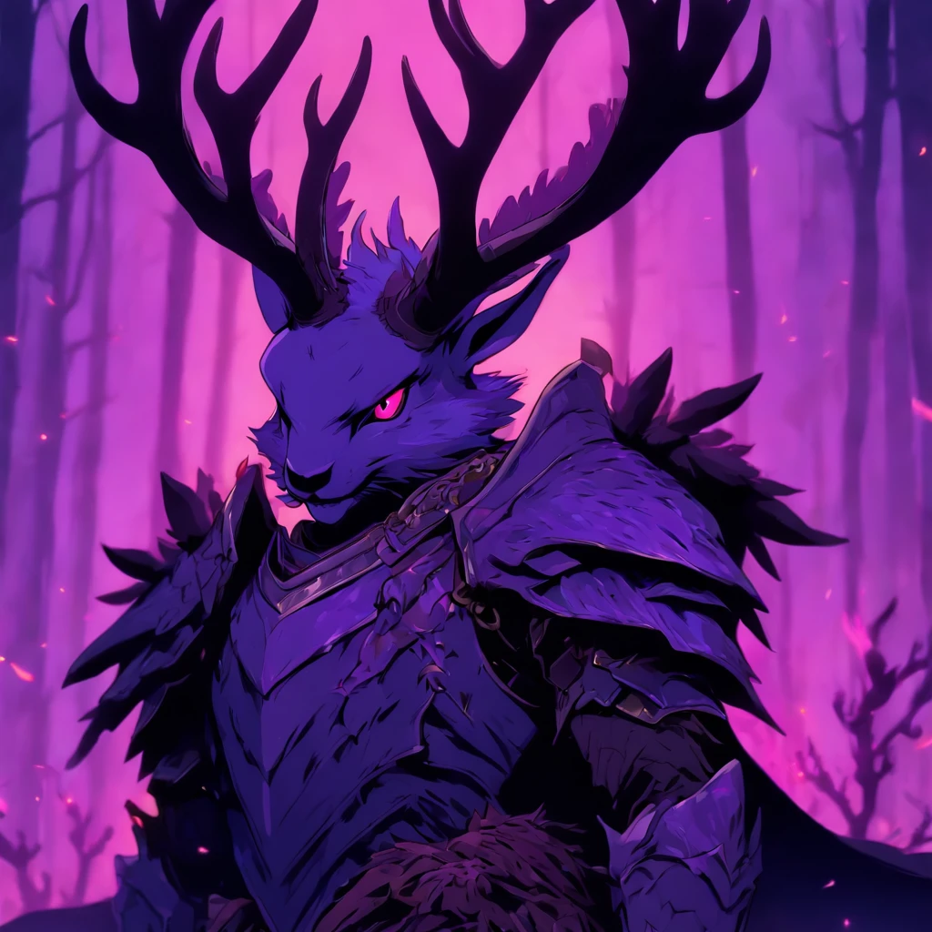 Knight Jackalope, short purple hair, jackalope antlers, dark armor(masterpiece, best quality)