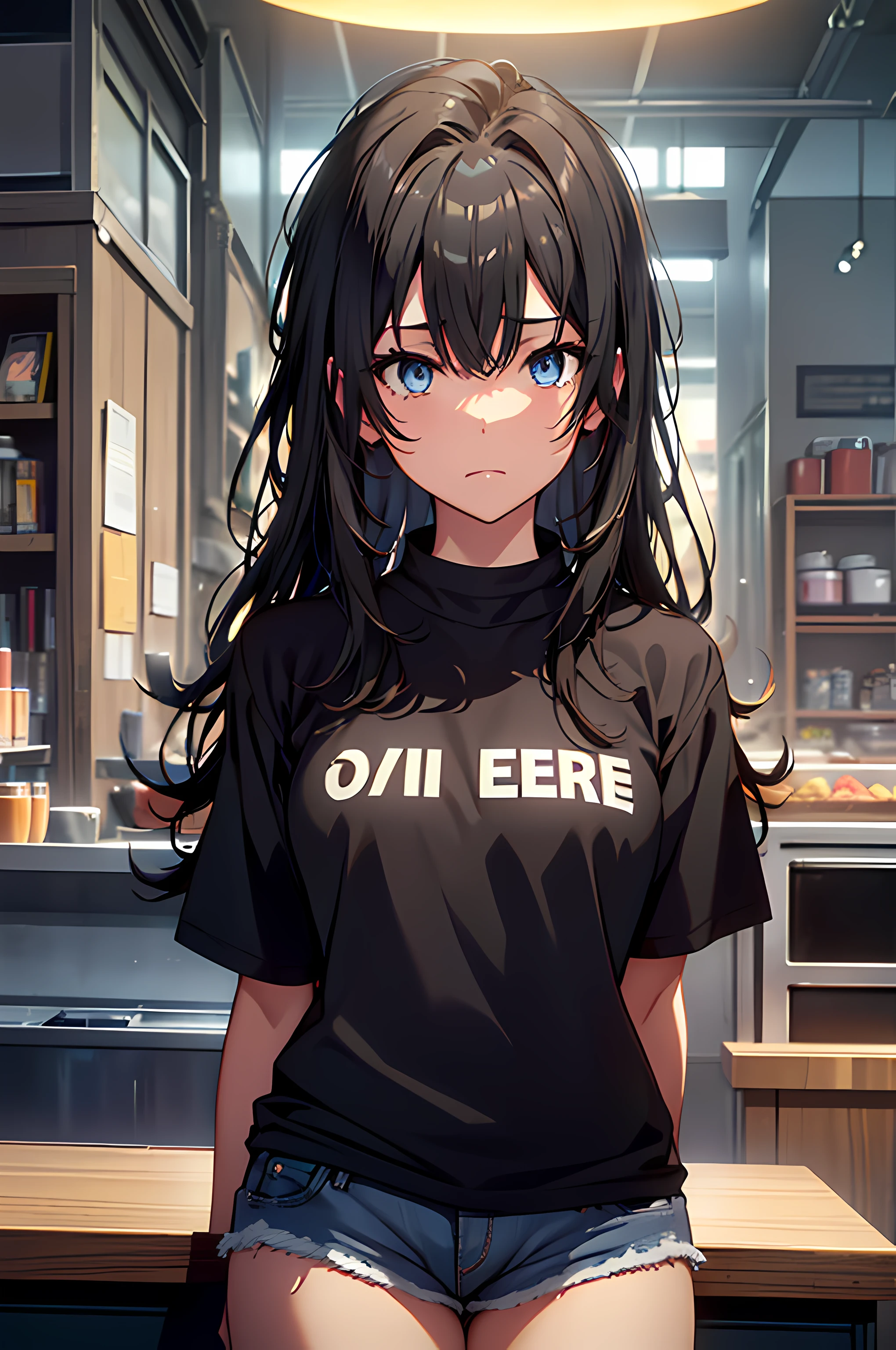 (UHD, super high quality, ultra detailed, masterpiece, cinematic), highres, 1girl, movie quality, cinematic lighting, (particle lighting), cafe, window overlooking beautiful scenery, simple background, yukinoshitaYukino, dark hair, (detailed eyes), (detailed face), blue super detailed eyes, reading book, black t-shirt, (black shirt), (blue jean shorts), short sleeve shirt, shorts, thick thighs, smooth skin, standing up, whole body, low camera angle, flirting, looking down to camera