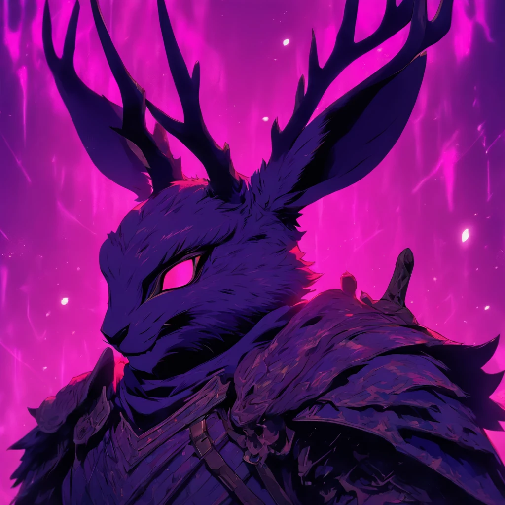 Knight Jackalope, short purple hair, jackalope antlers, dark armor(masterpiece, best quality)
