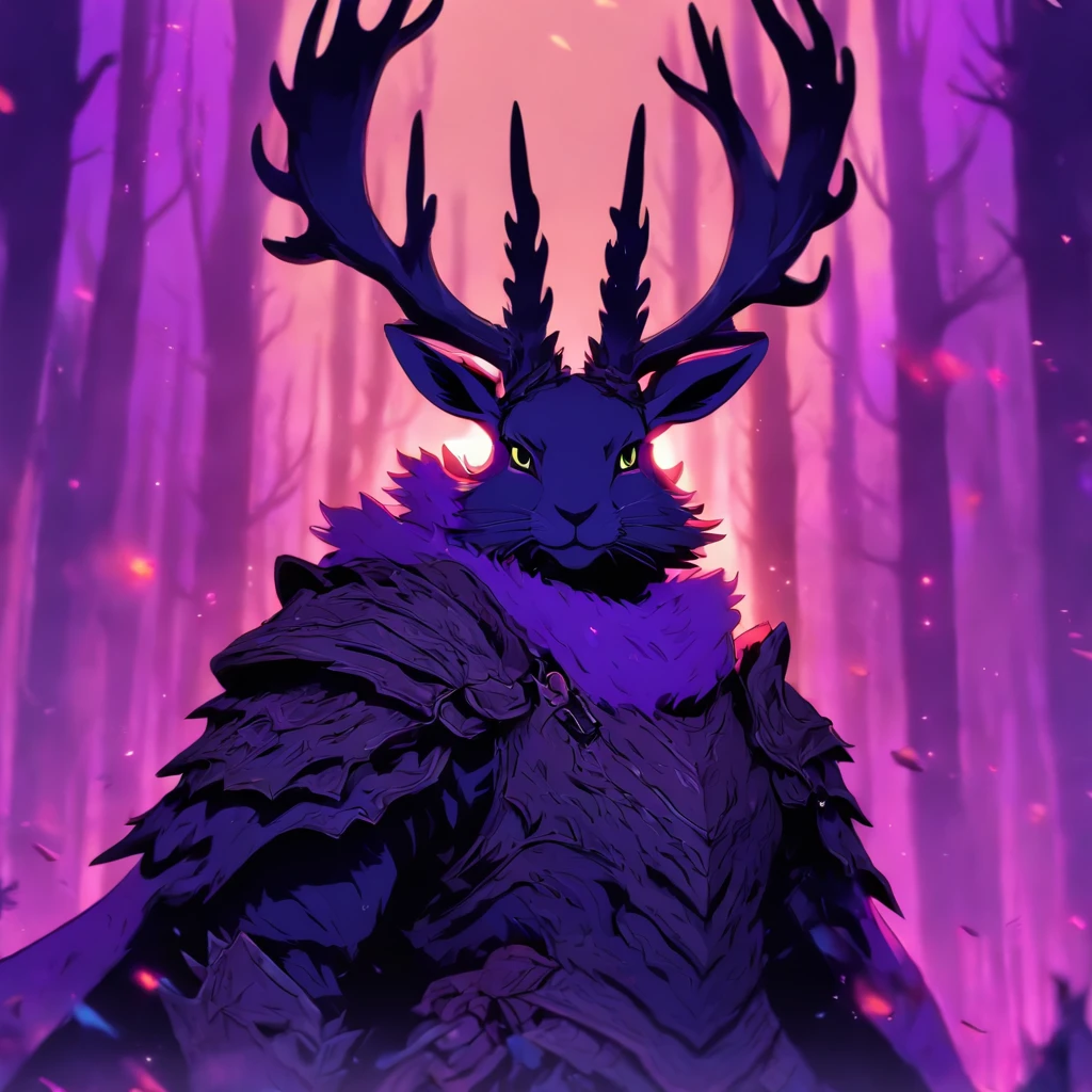 Knight Jackalope, short purple hair, jackalope antlers, dark armor(masterpiece, best quality)