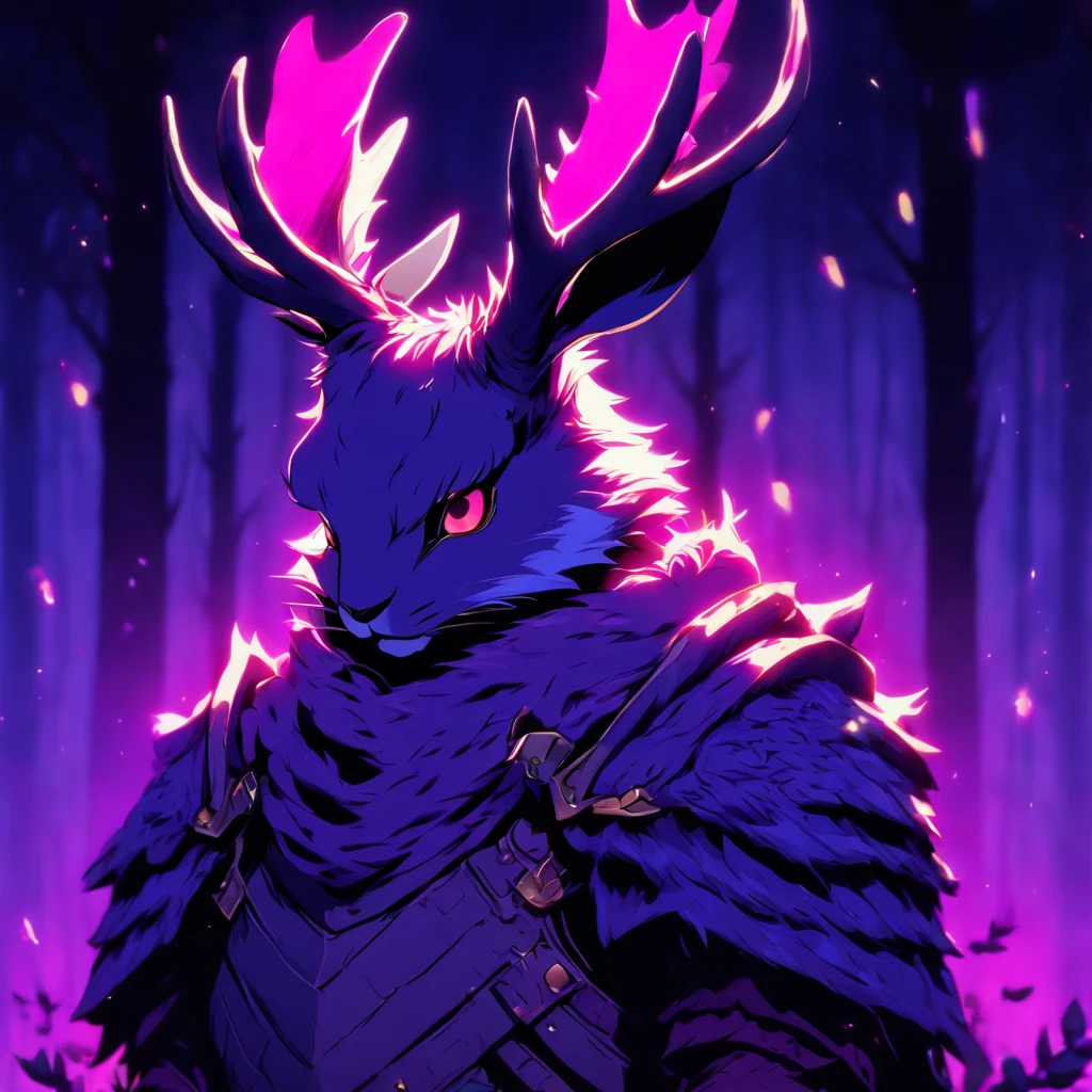 Knight Jackalope, short purple hair, jackalope antlers, dark armor(masterpiece, best quality)