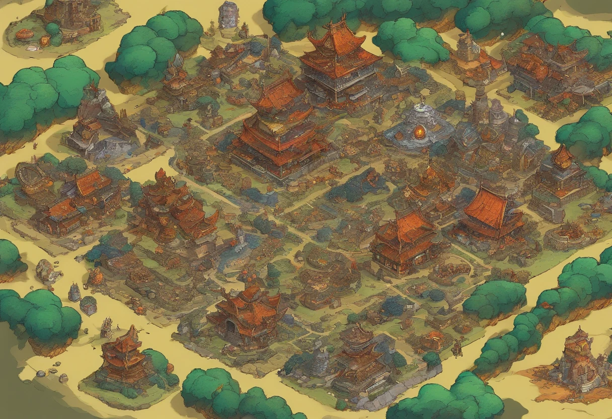 Uma cidade estilo dragon ball, parar narrar tabletop, where it is totally destroyed, View from above, view from above to use RPG tabletop token, It has a style that reflects a destroyed Dragon Ball anime city,