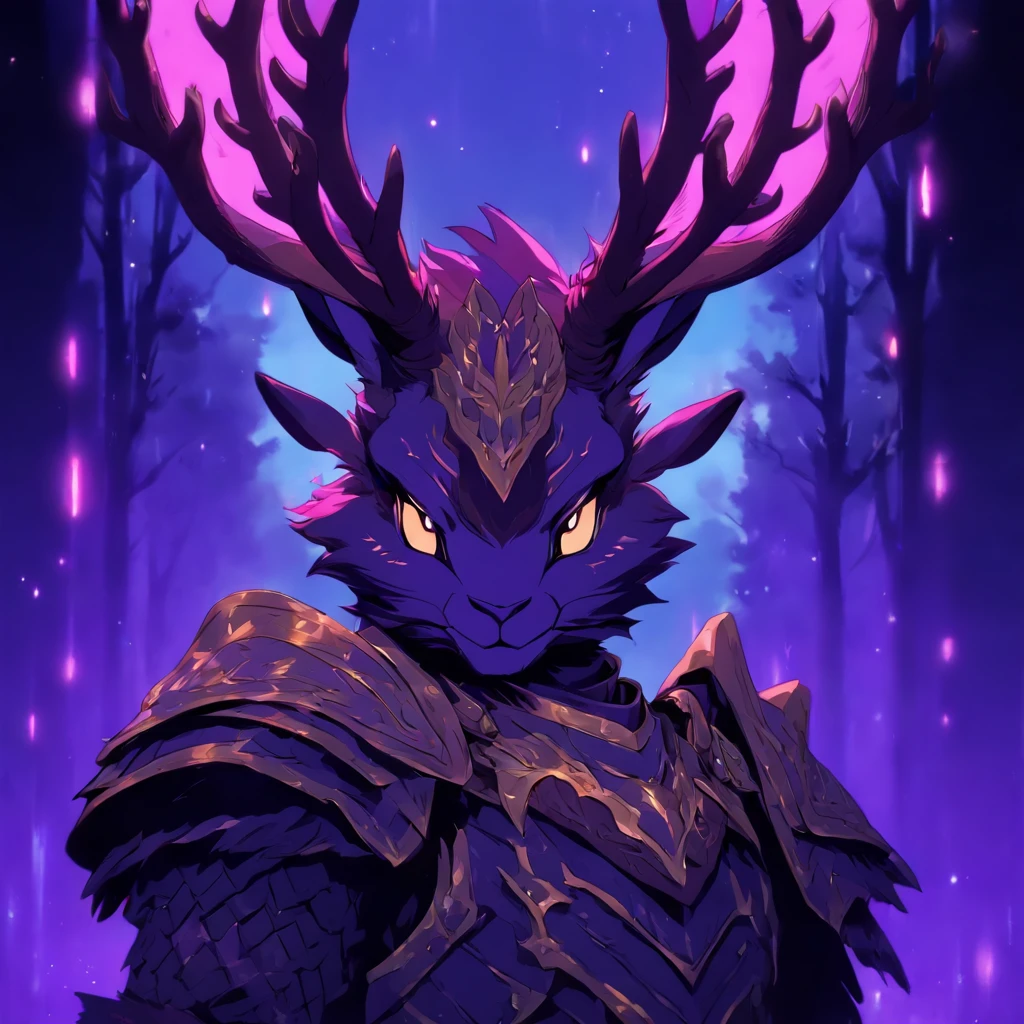 Knight Jackalope, short purple hair, jackalope antlers, dark armor(masterpiece, best quality)
