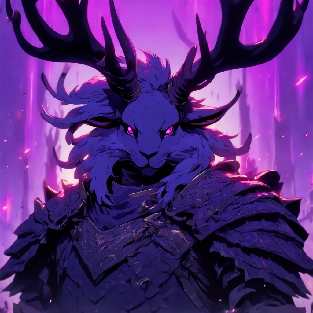 Knight Jackalope, short purple hair, jackalope antlers, dark armor(masterpiece, best quality)