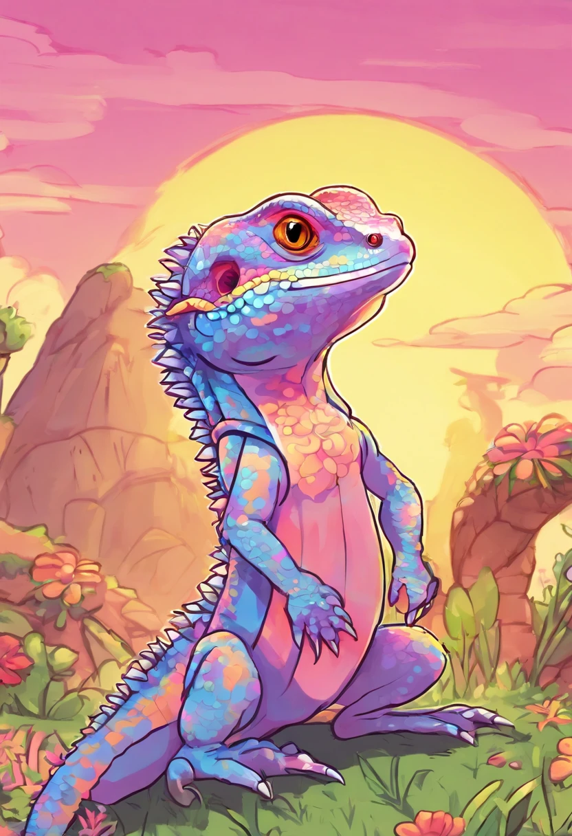 bearded dragon, cartoon, hecho con pinceles, Estilo de arte conceptual, Estilo de pinceladas, sin mucho detalle, Estilo de arte G Liulian, arte conceptual oficial, arte conceptual como un videojuego, Apocalyptic world in the background