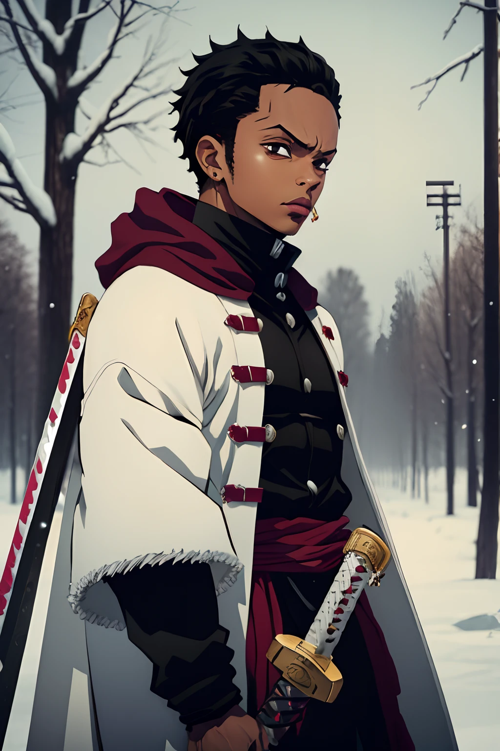 black young man, winter, winter clothes, zoro hairstyle, black hair, red sword, negro, lindo