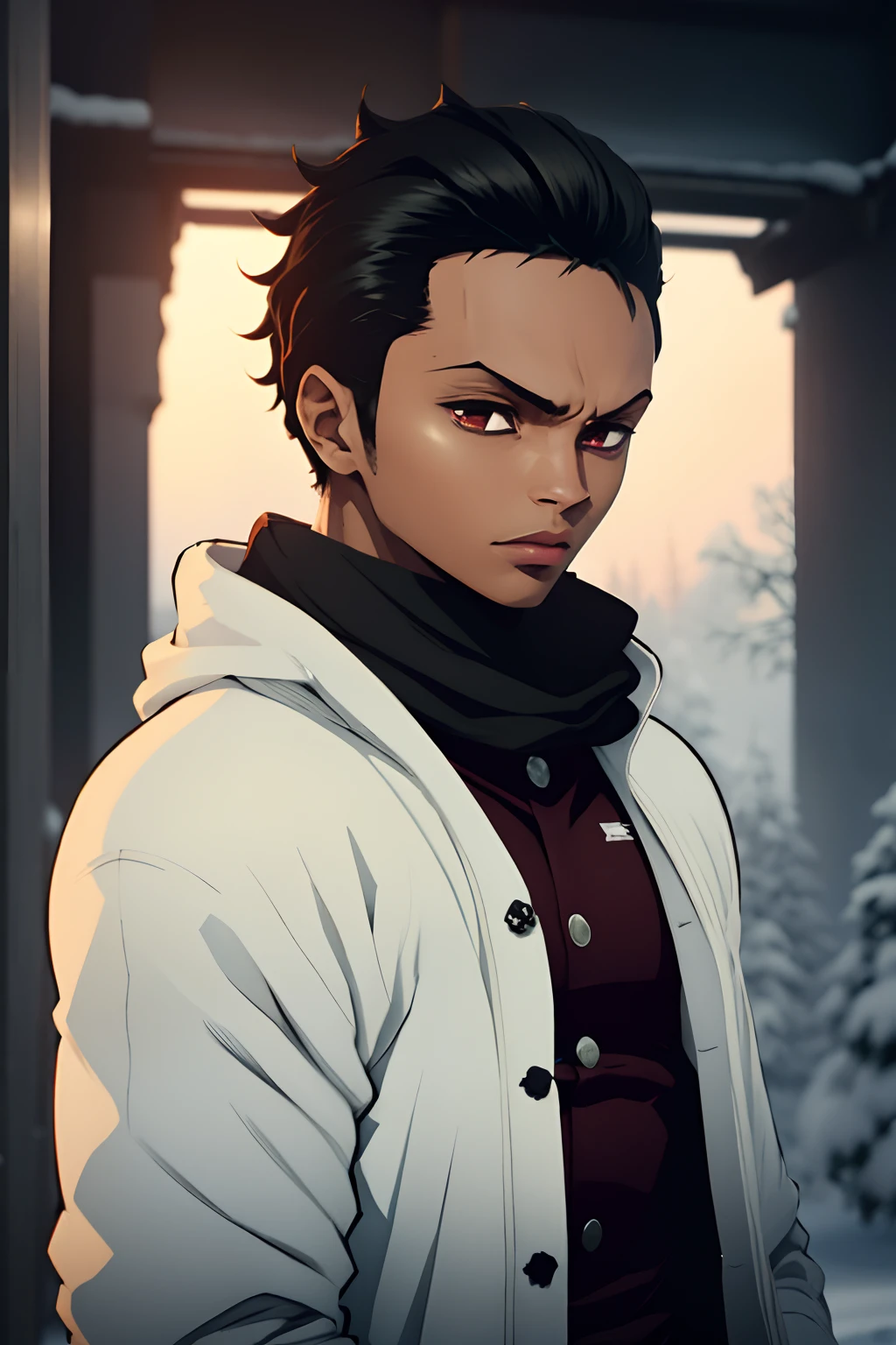 black young man, winter, winter clothes, zoro hairstyle, black hair, red sword, negro, lindo