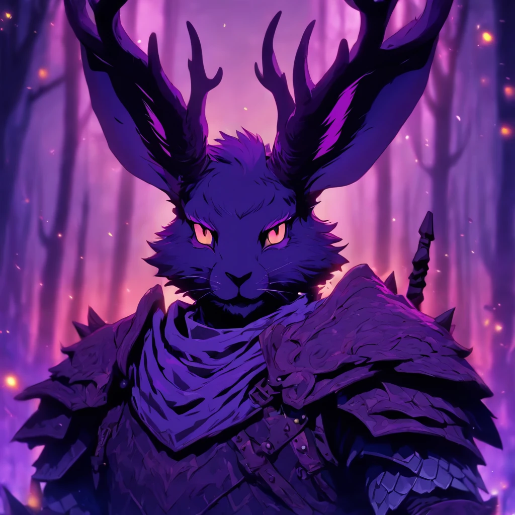 Knight Jackalope, short purple hair, jackalope antlers, dark armor(masterpiece, best quality)
