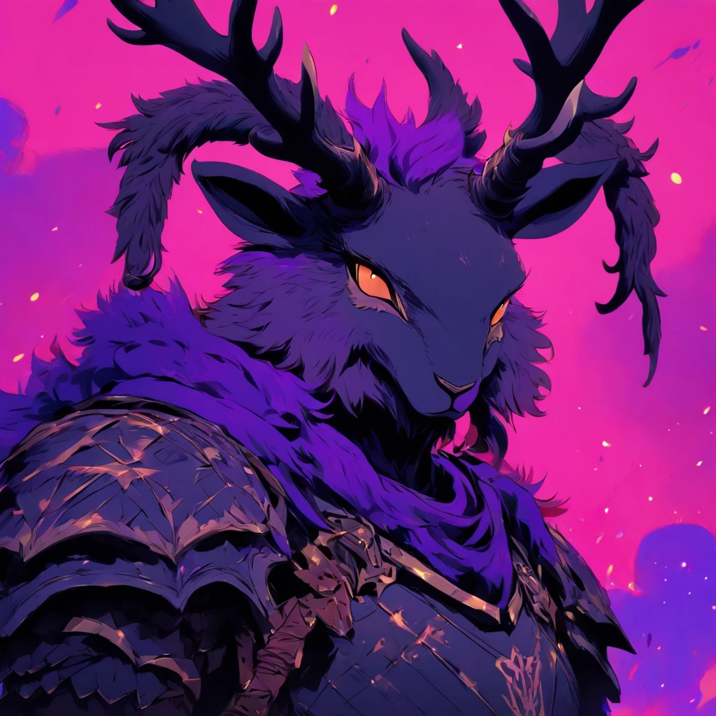 Knight Jackalope, short purple hair, jackalope antlers, dark armor(masterpiece, best quality)