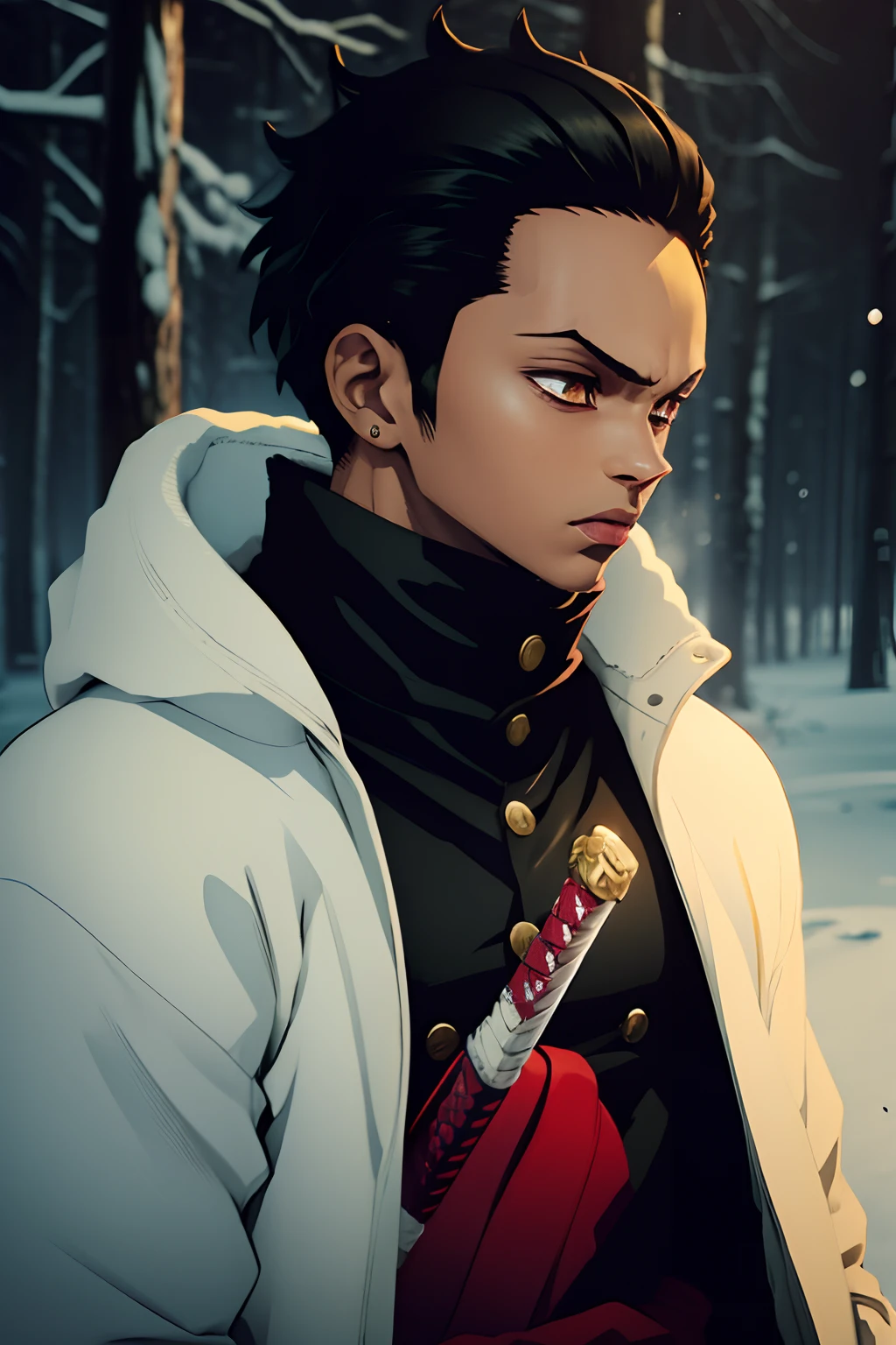 black young man, winter, winter clothes, zoro hairstyle, black hair, red sword, negro