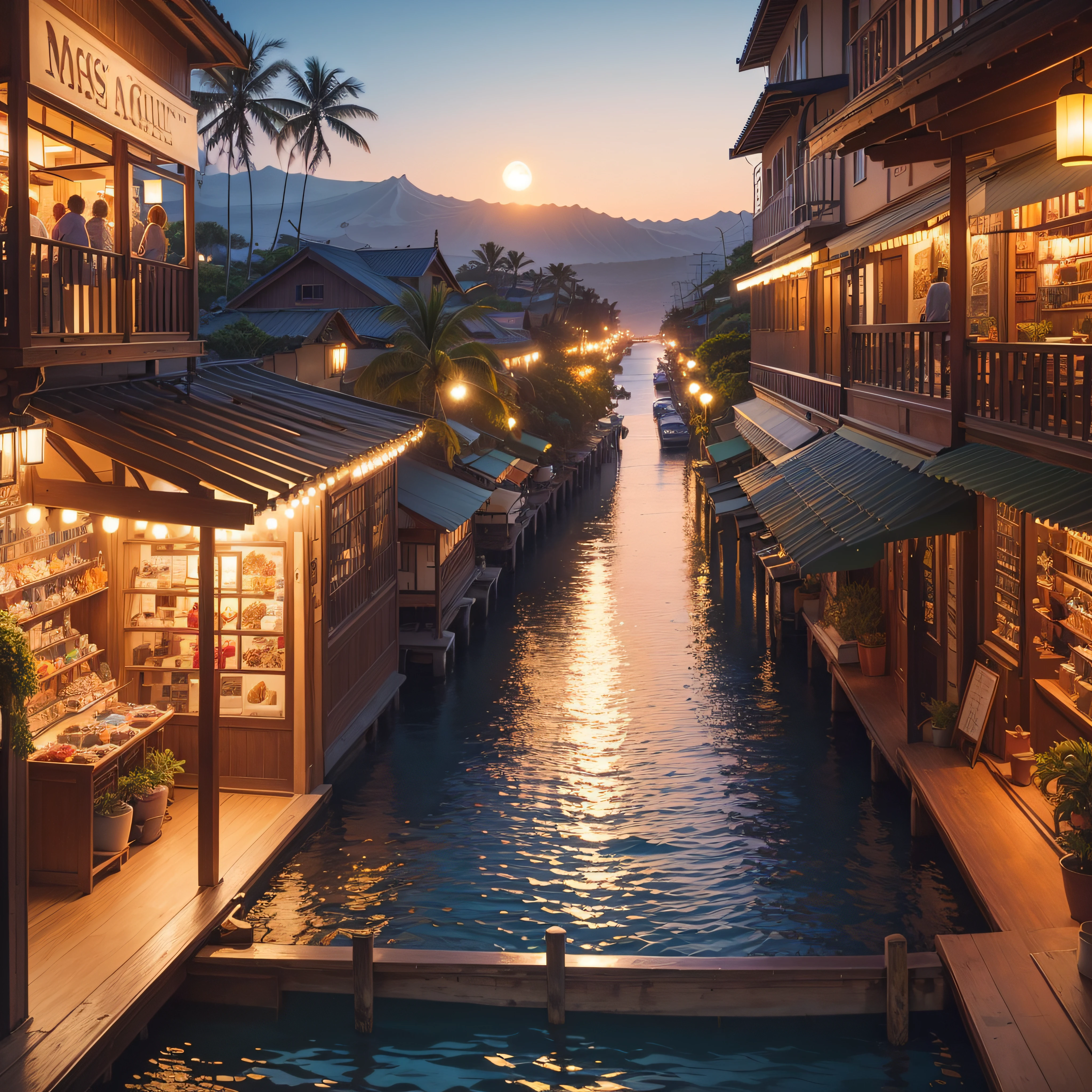 beautiful Hawaii, Lahaina ocean, boats Stores, Galleries, are in view the moon is full night (best quality，ultra - detailed, Illustration，Best shadow，masterpiece，A high resolution，professional artwork，famous artwork, In the style of Christian Riese Lassen Hawaii Artist