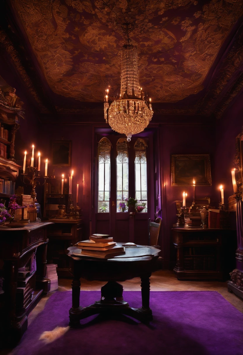 Haunted house, wisterias, purple aura, lanterns, amethyst, books scattered on the floor