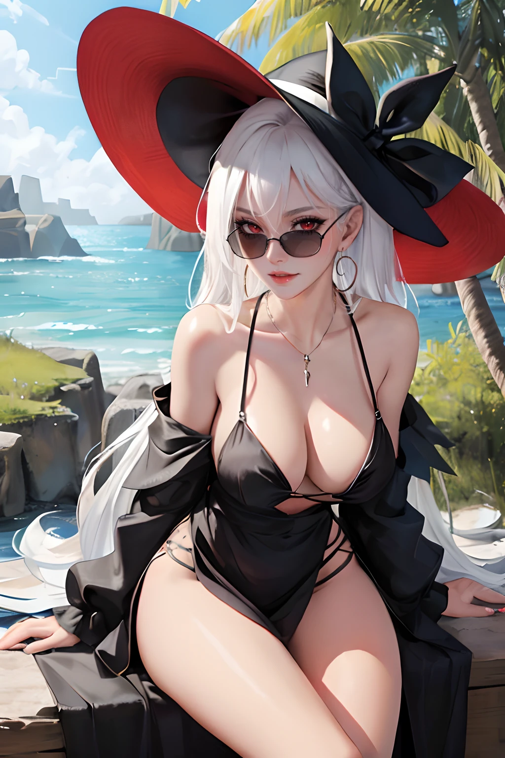 (masterpiece:1.2, best quality), 1girl, smirk, slim, slender, red eyes, sharp eyes, big_breasts, big_chest, leaning forward, facing viewer, dress, wide-brimmed hat, strappy sandals, oversized sunglasses, simple hoop earrings, shell necklace, areola slip, down blouse, embarrassed, long white hair, albino, succubus tattoo, beautiful black dress, devil wings, devil horns, highly saturated, ^ ^, nature, yoga studios, serene spaces