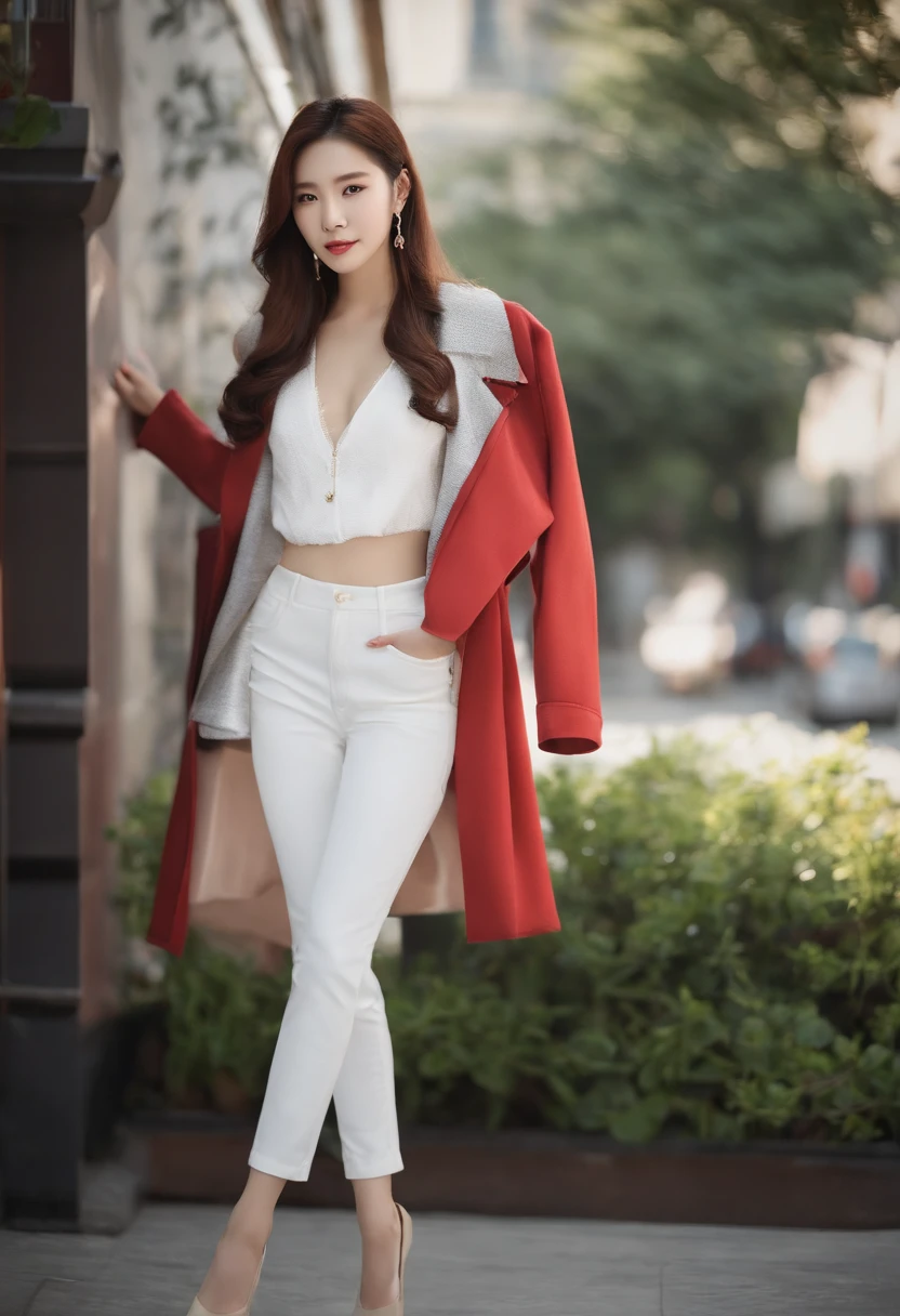 Create a Korean with V-shaped face, flawless skin, white porcelain skin, thin legs and thigh opening, heart-shaped lips, straight nasal bridge, lined and white teeth and double eyelid with good lighting and with a tank top with a jacket and jeans with necklaces, create 20 photos