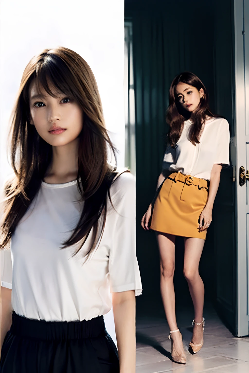 (8k、RAW Photography、top-quality、masterpiece:1.2)、(realisitic、Photorealsitic:1.37)、ultra-detailliert、超A high resolution、1人、a smile、Constriction、(slim waist) :1.3)、The shirt、Beautiful detailed skin、Skin texture、floated hair、profetional lighting、Rear view、full bodyesbian、skinny legs